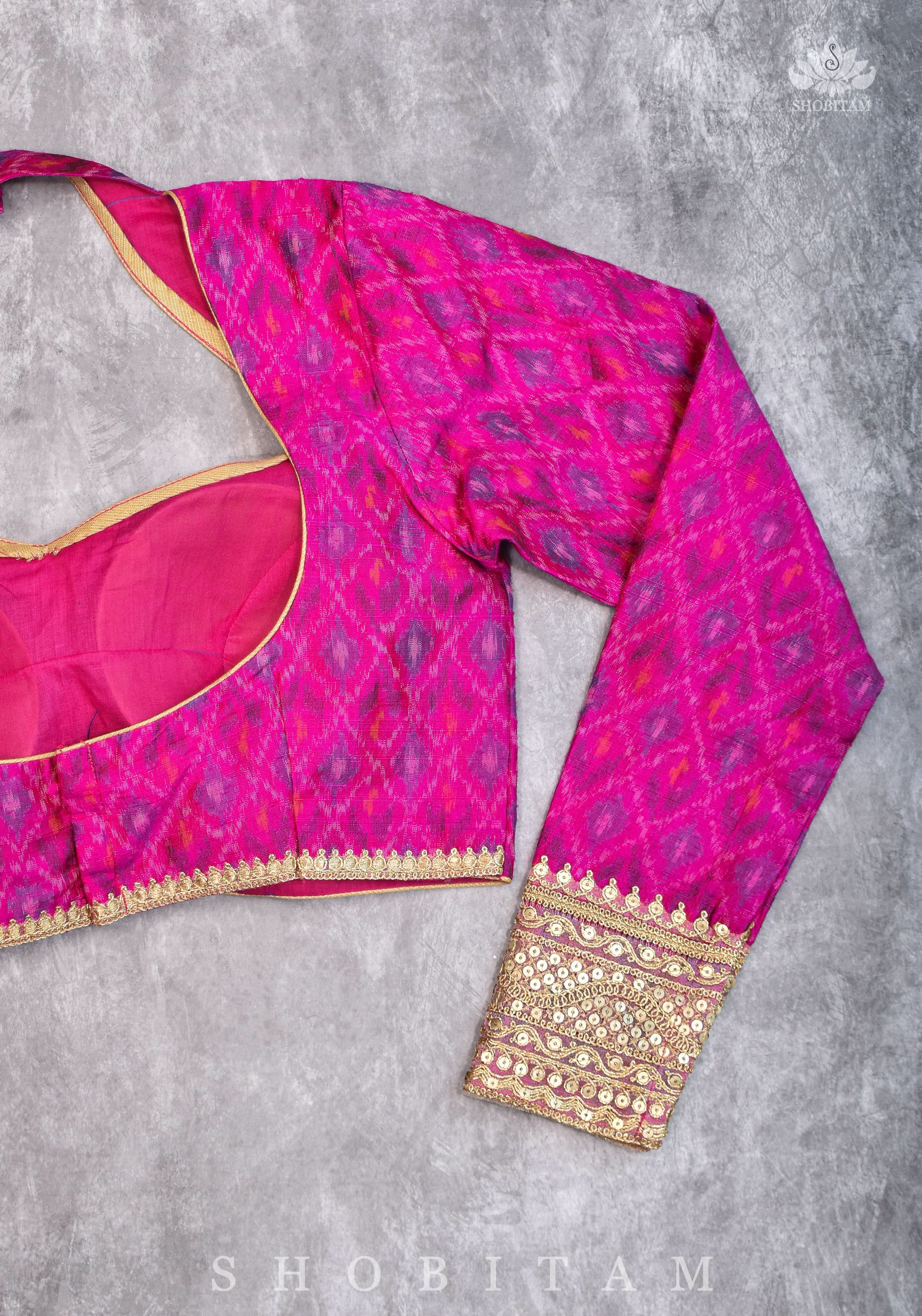 Authentic Ikkat weave on Pure Raw Silk Full Sleeve Blouse with Gotta embellishments | Shobitam
