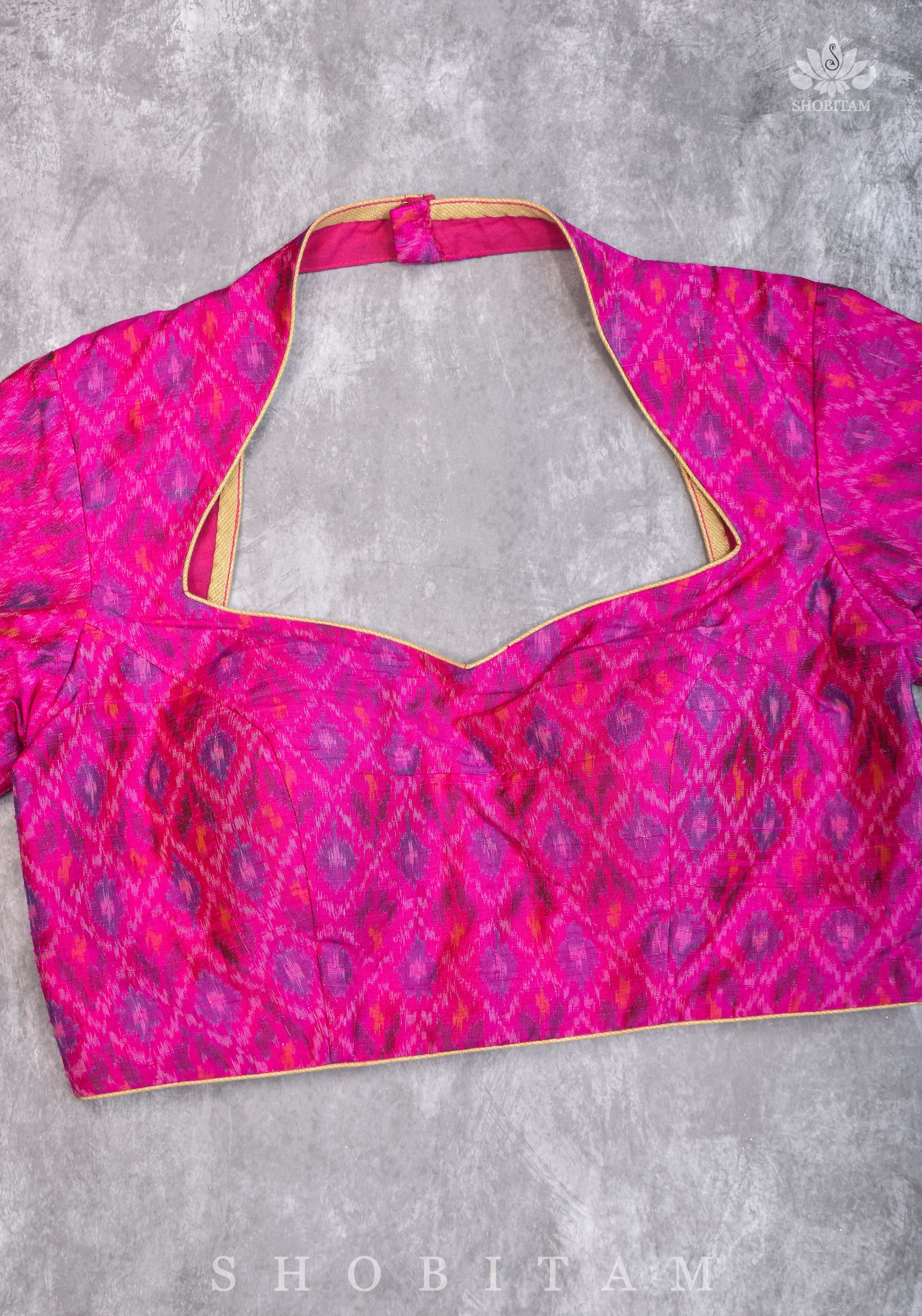 Authentic Ikkat weave on Pure Raw Silk Full Sleeve Blouse with Gotta embellishments | Shobitam