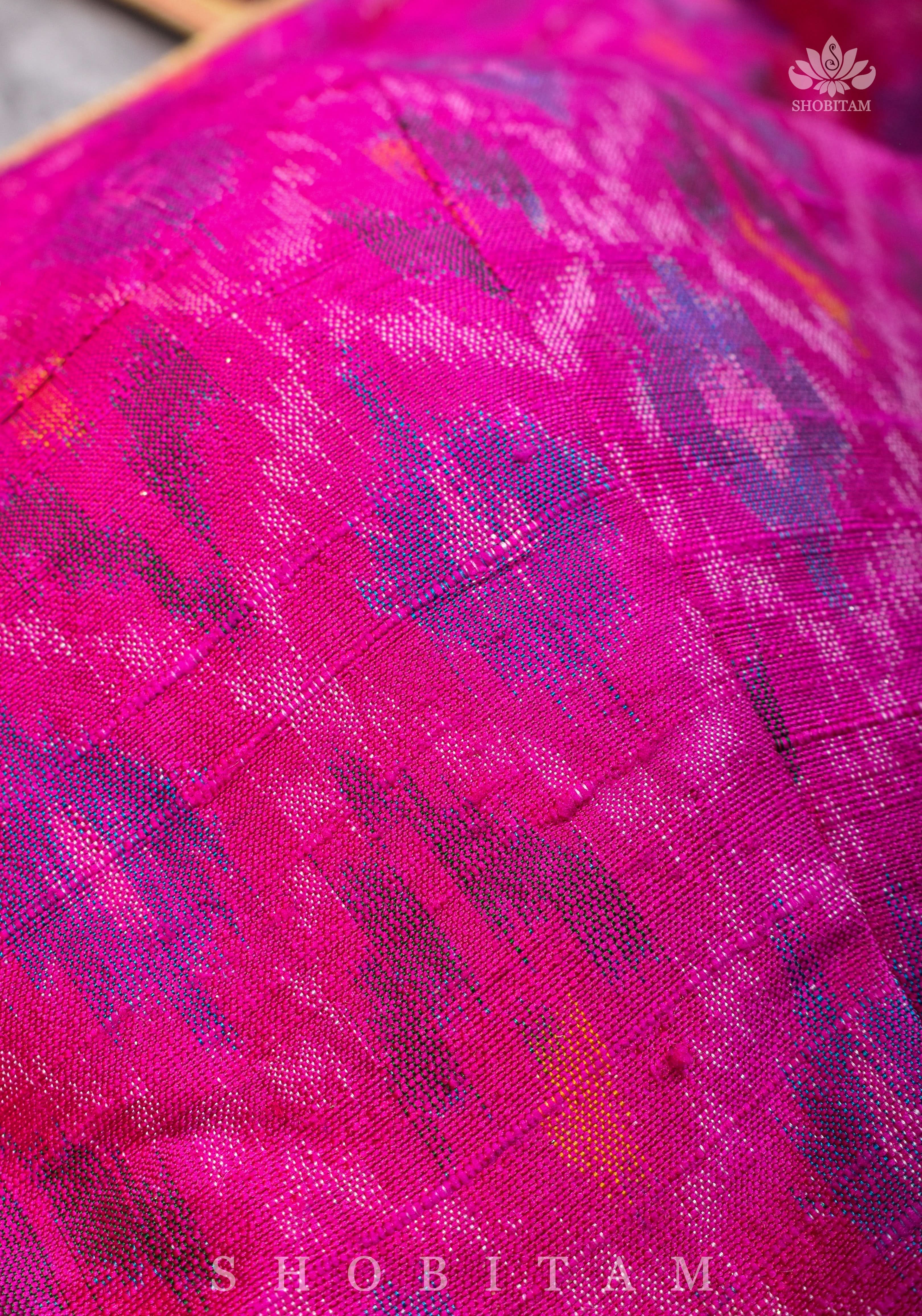 Authentic Ikkat weave on Pure Raw Silk Full Sleeve Blouse with Gotta embellishments | Shobitam