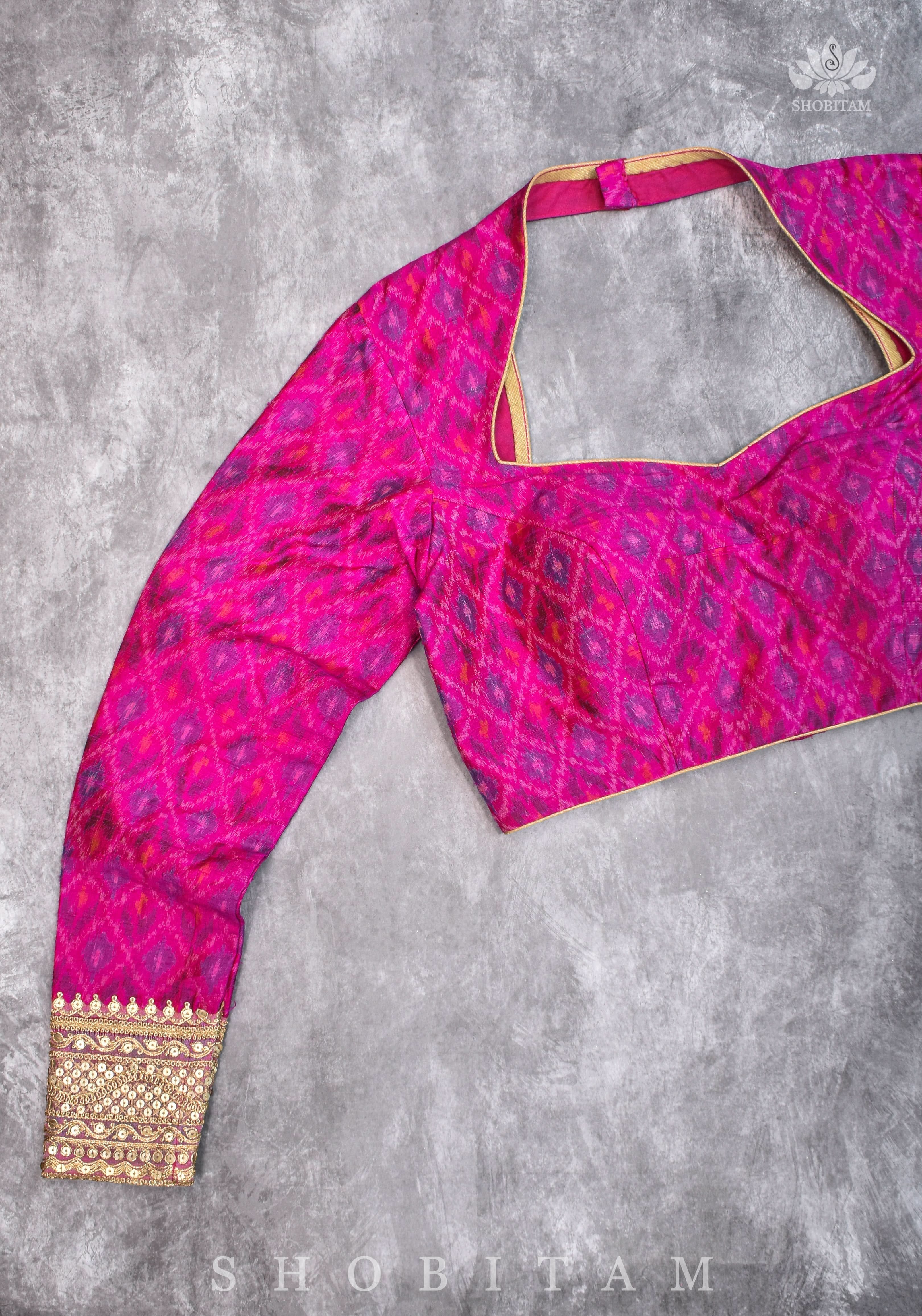 Authentic Ikkat weave on Pure Raw Silk Full Sleeve Blouse with Gotta embellishments | Shobitam