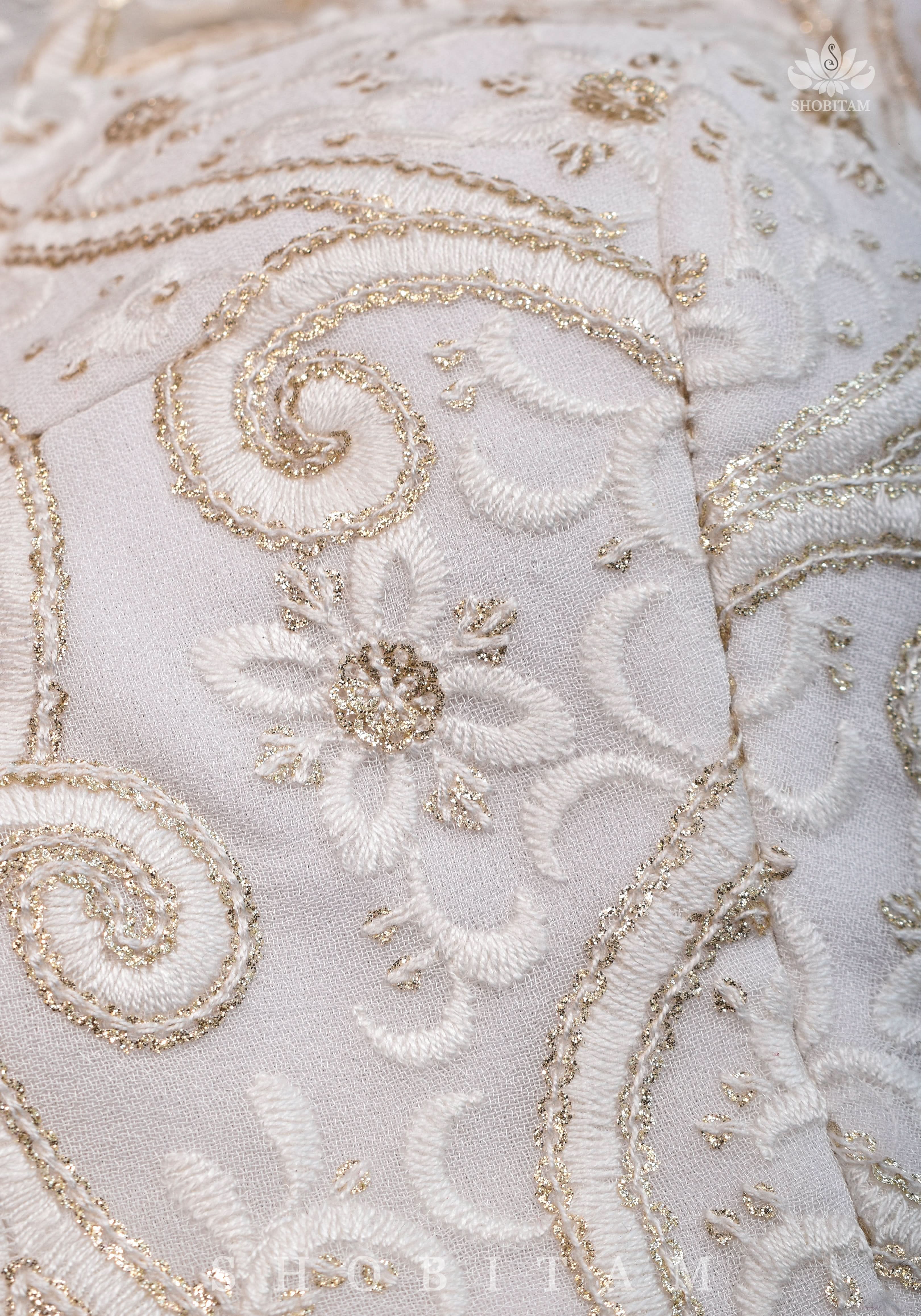 Chikankari style Full Jaal machine embroidered full sleeves blouse in Ivory Georgette with Gold tone highlights | Shobitam