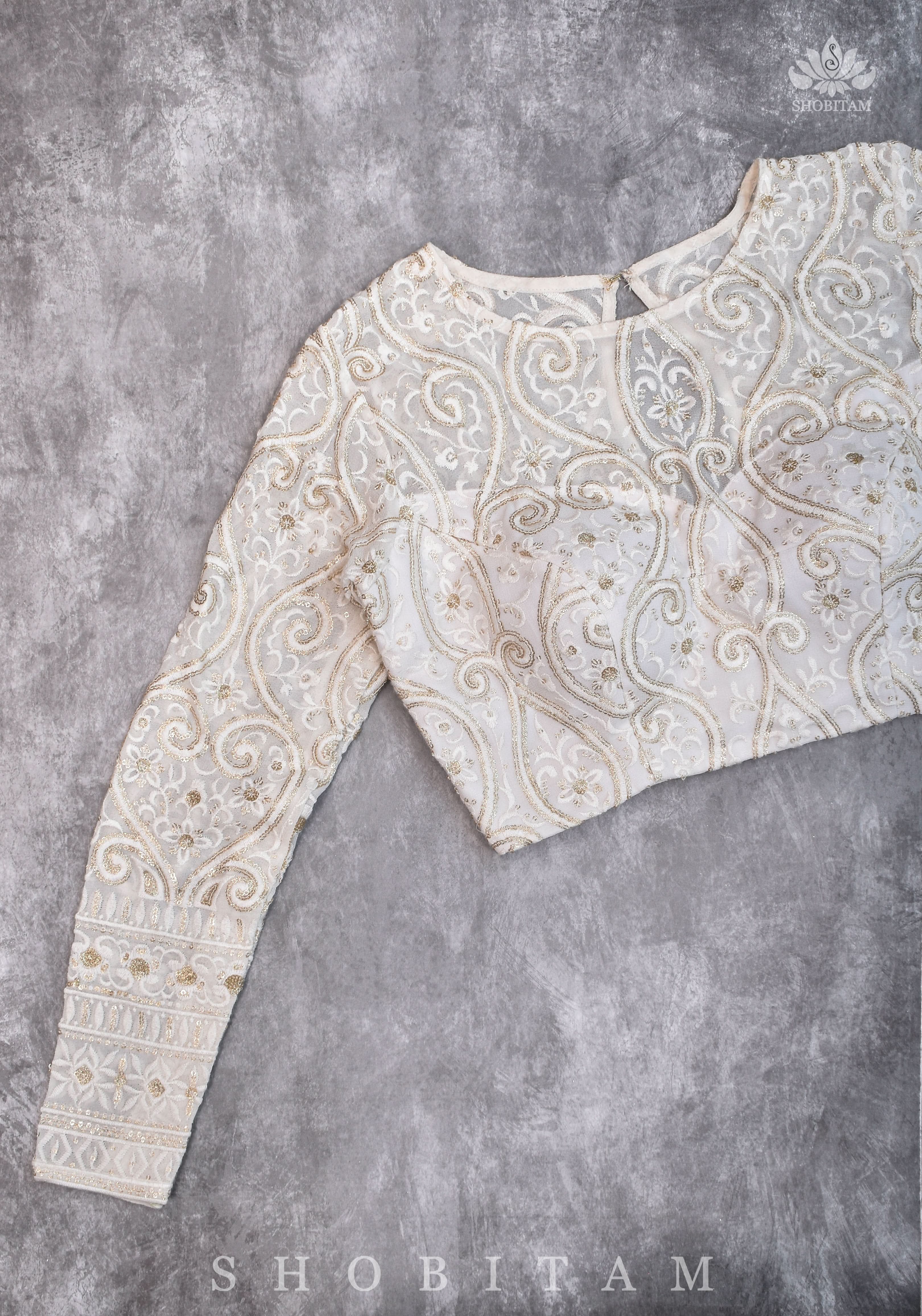 Chikankari style Full Jaal machine embroidered full sleeves blouse in Ivory Georgette with Gold tone highlights | Shobitam