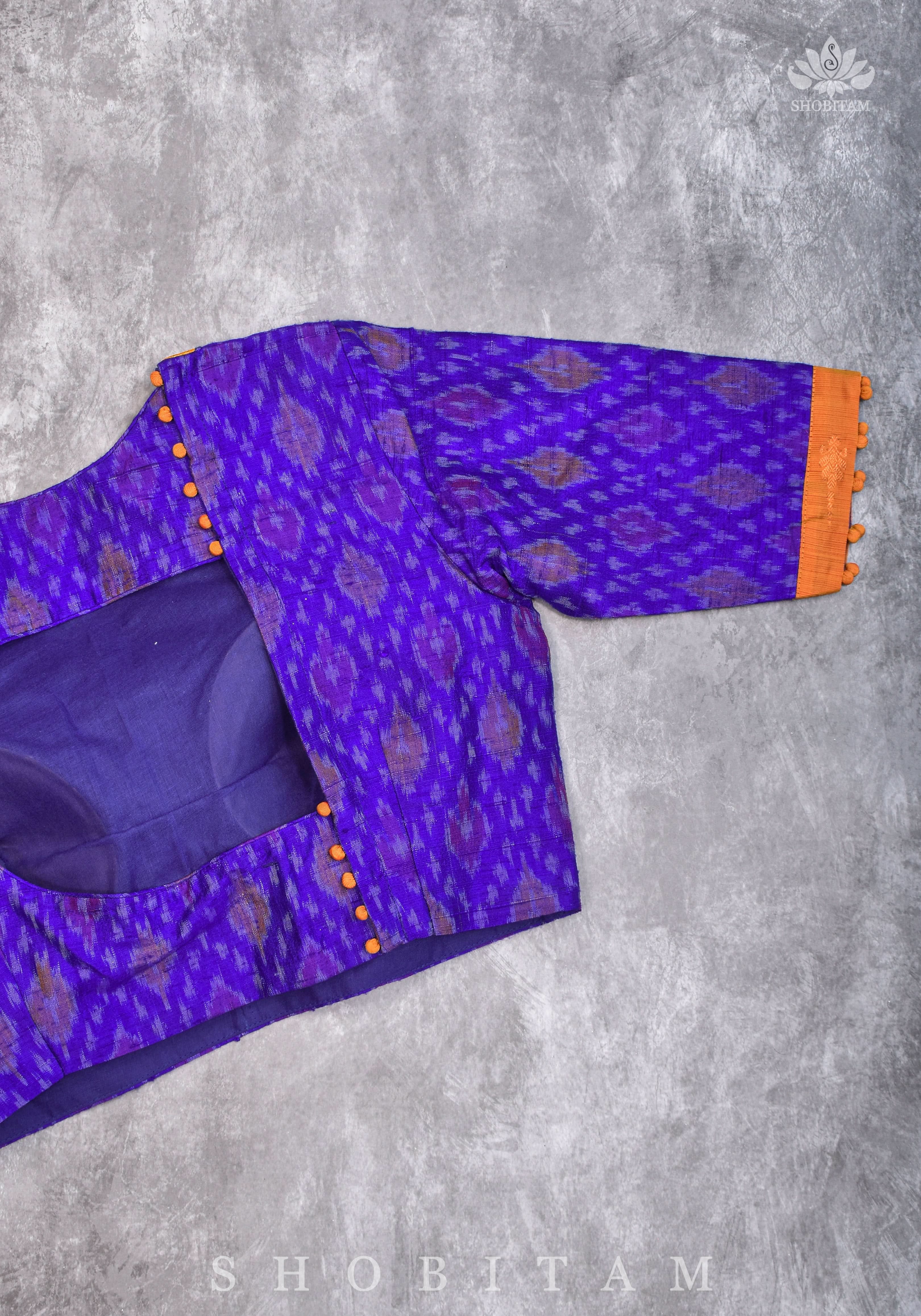 Asymmetric Cutout Pure Silk Ikkat Raw Silk and kanjivaram Silk brocade Fusion Blouse | Shobitam