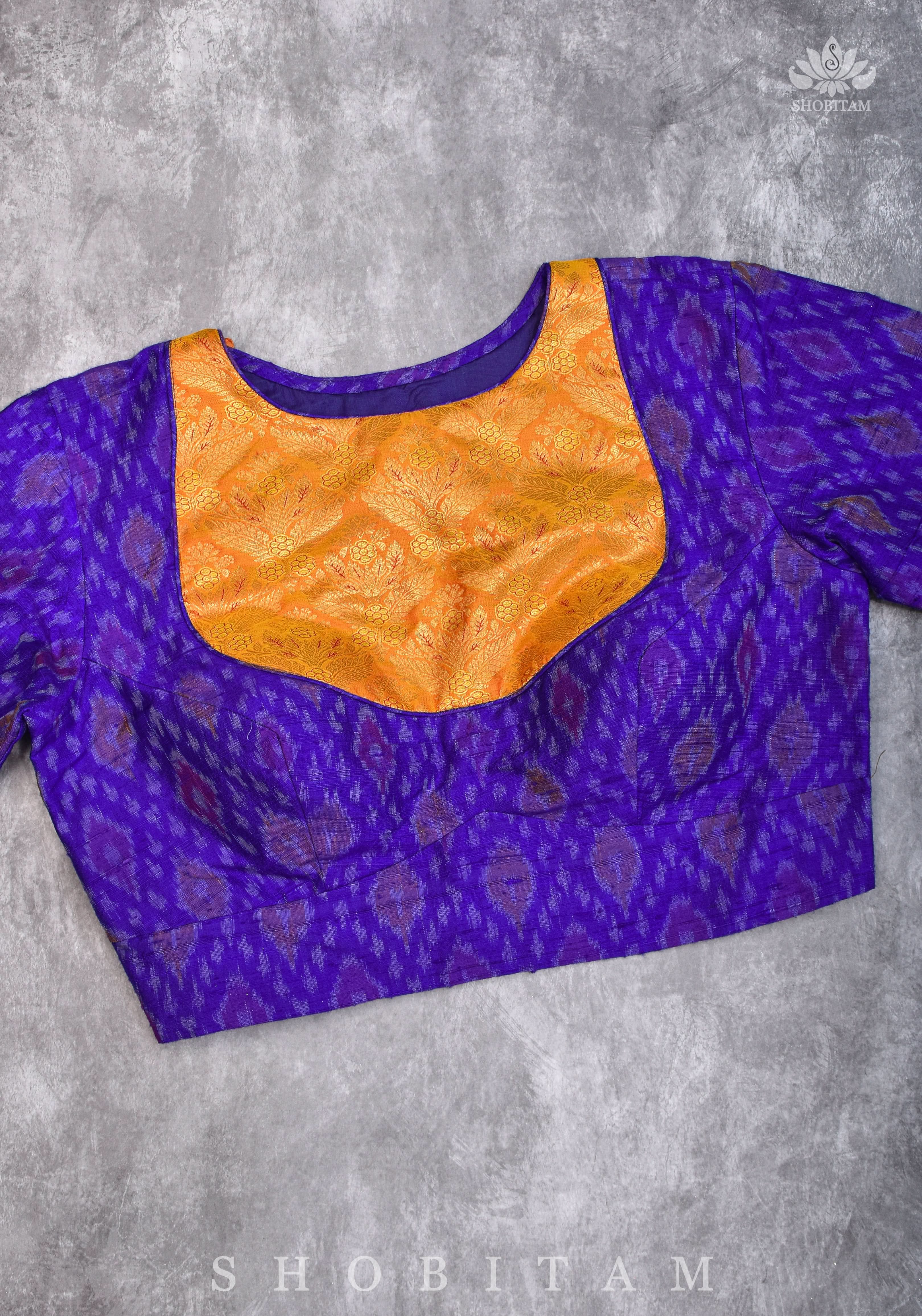 Asymmetric Cutout Pure Silk Ikkat Raw Silk and kanjivaram Silk brocade Fusion Blouse | Shobitam