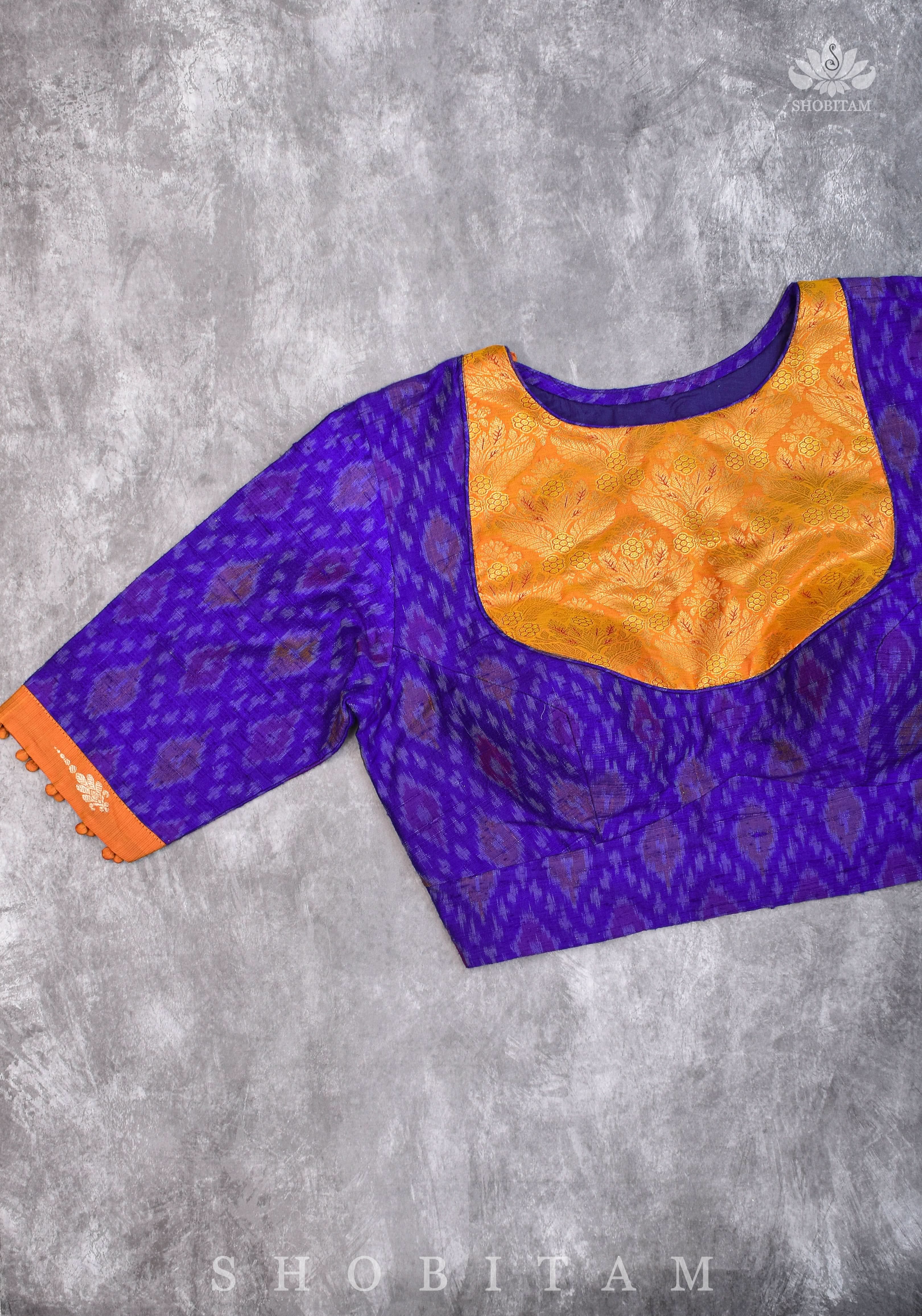 Asymmetric Cutout Pure Silk Ikkat Raw Silk and kanjivaram Silk brocade Fusion Blouse | Shobitam