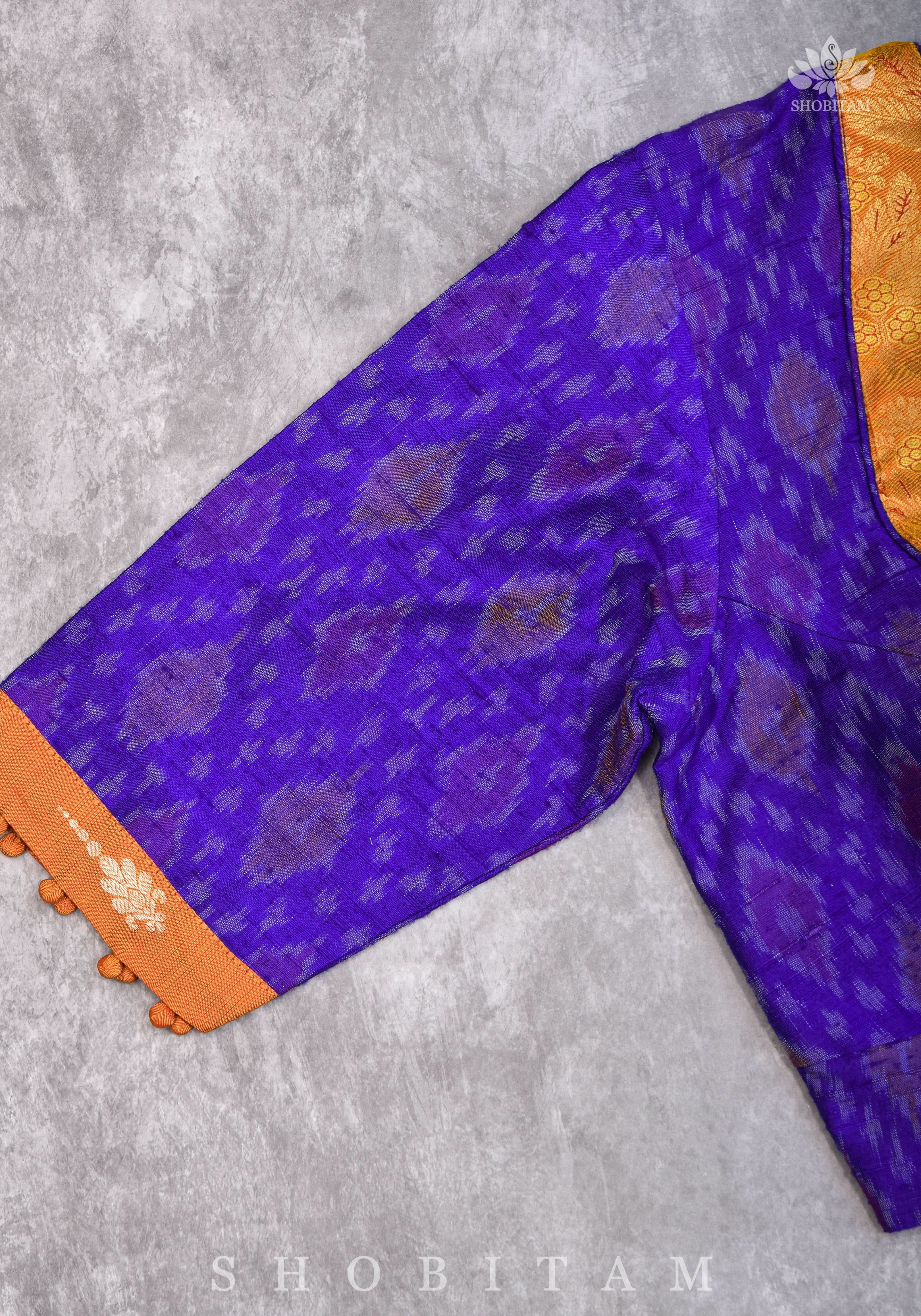 Asymmetric Cutout Pure Silk Ikkat Raw Silk and kanjivaram Silk brocade Fusion Blouse | Shobitam