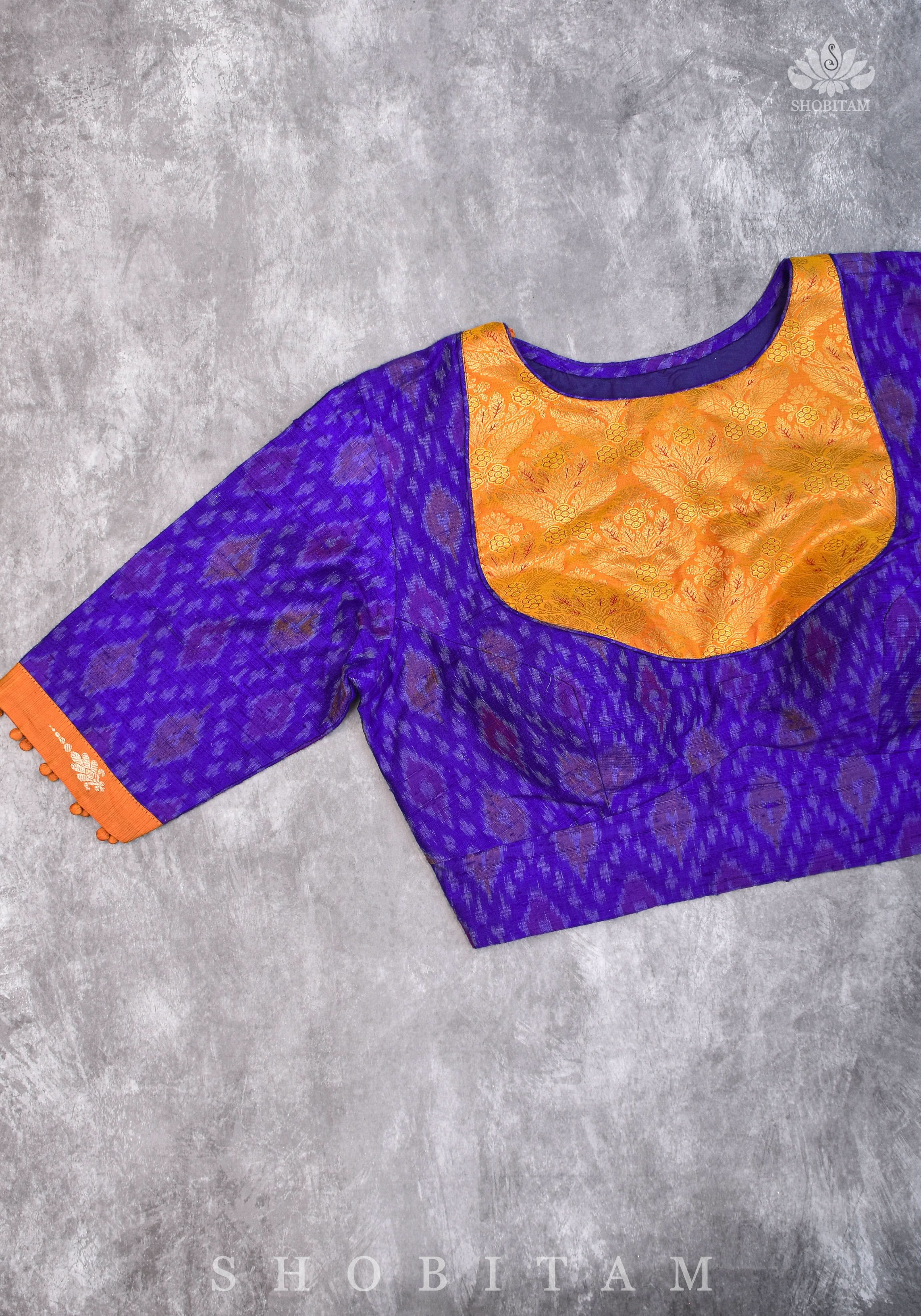 Asymmetric Cutout Pure Silk Ikkat Raw Silk and kanjivaram Silk brocade Fusion Blouse | Shobitam