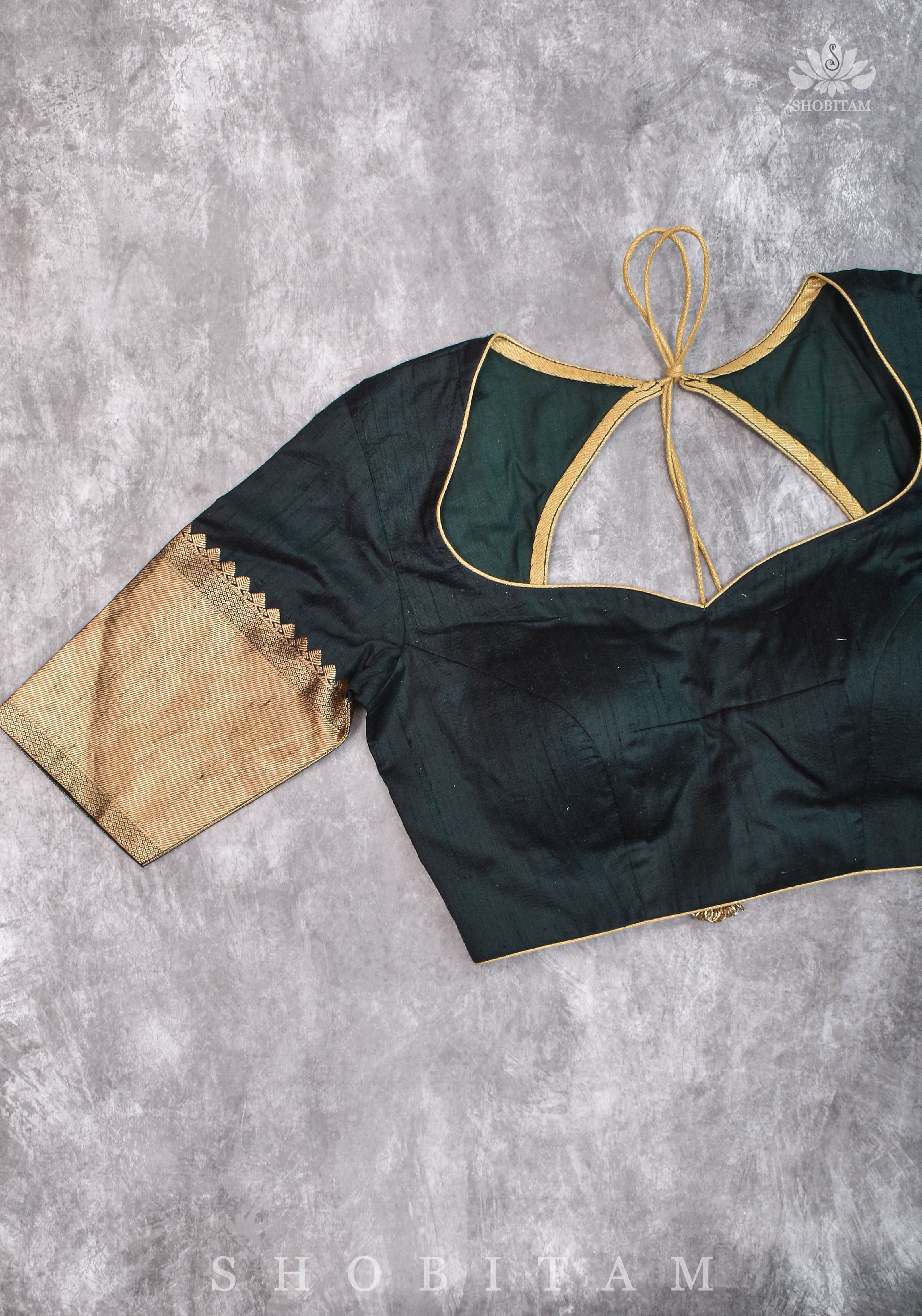 Green Pure Raw Silk Blouse with Leaf Neck, Zari detailing and Cutdana Tassels | Shobitam