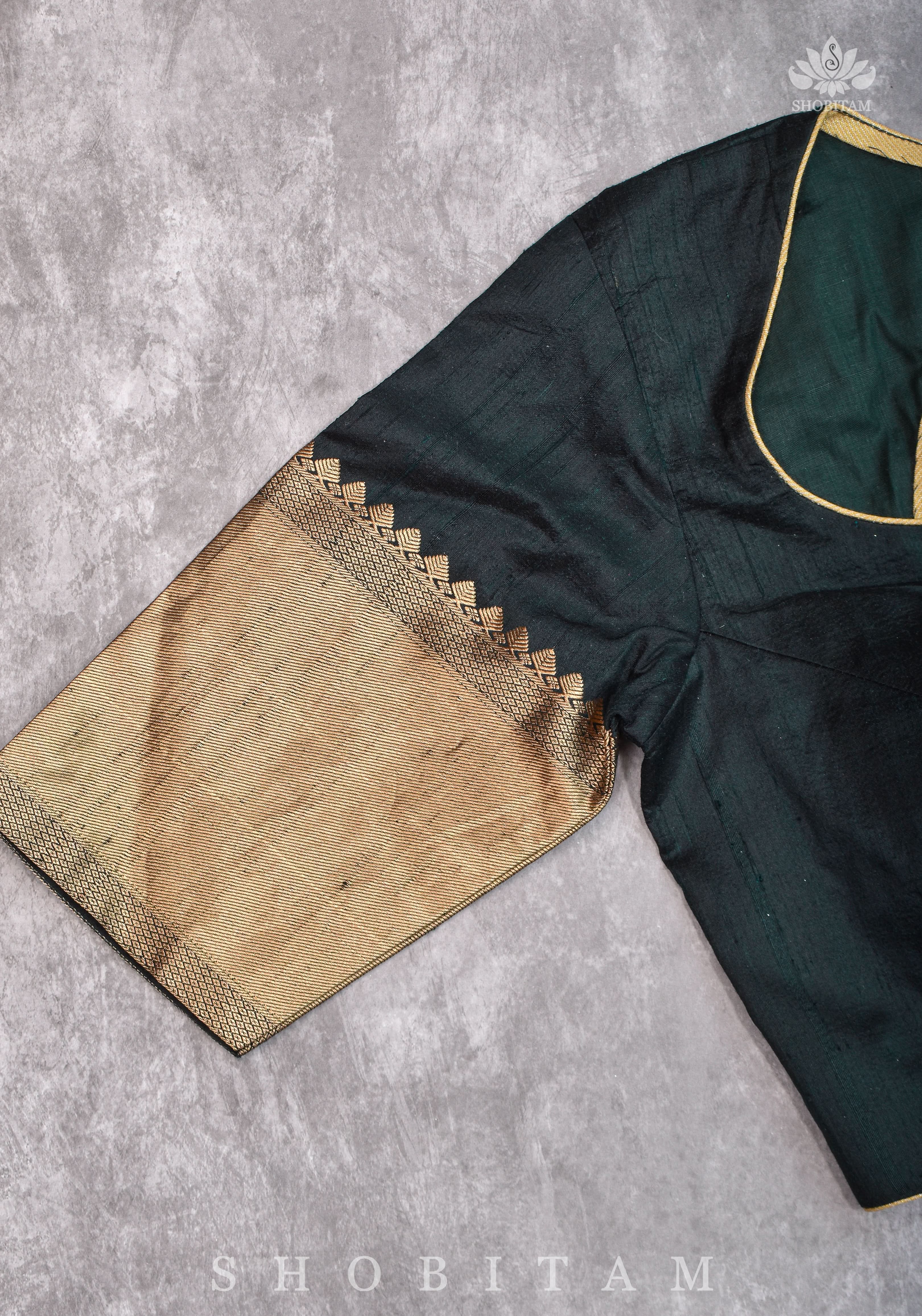 Green Pure Raw Silk Blouse with Leaf Neck, Zari detailing and Cutdana Tassels | Shobitam