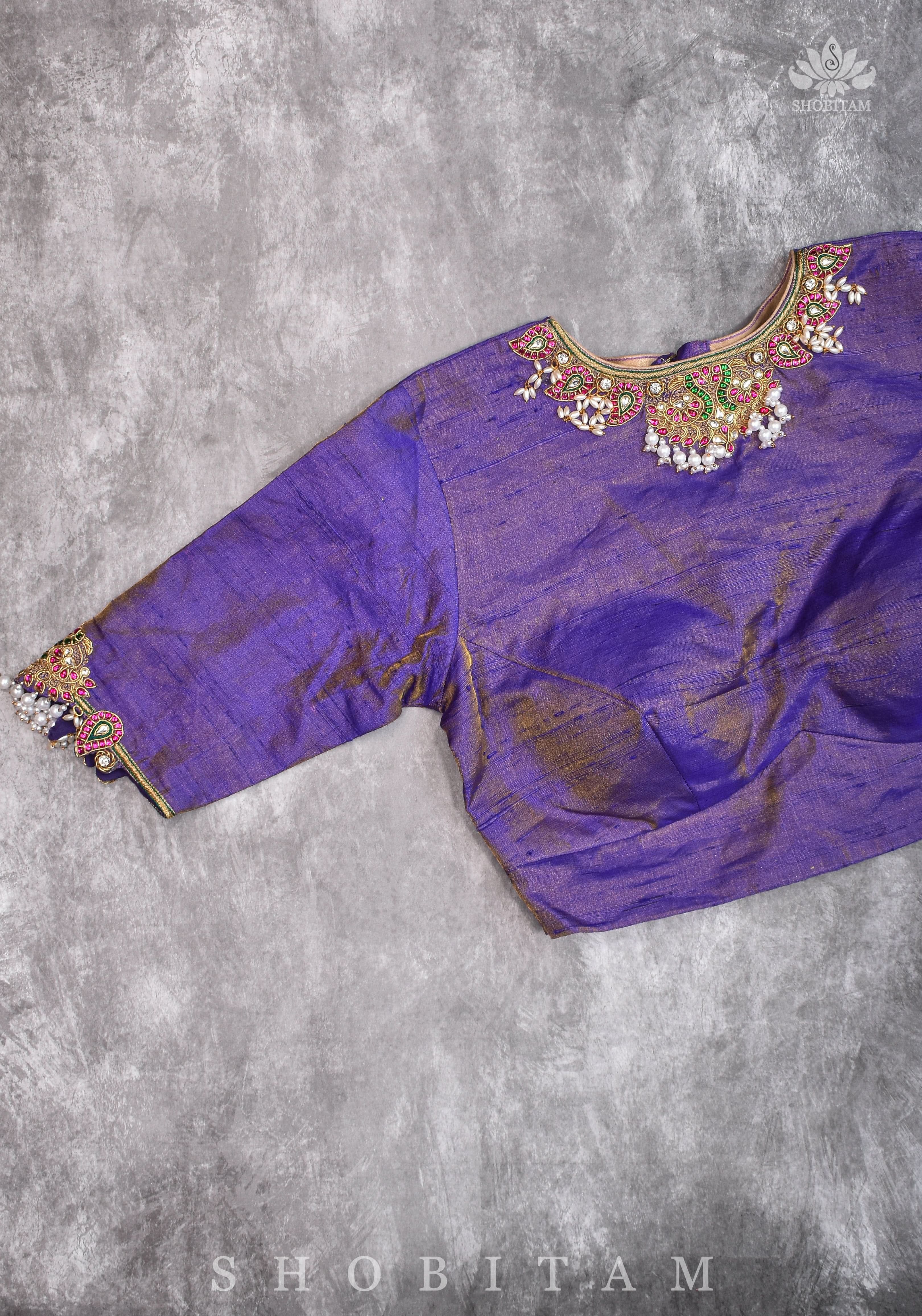 Guttapusalu and bajuband handwork on exotic Pure Tissue Raw Silk Blouse in Lilac | Shobitam