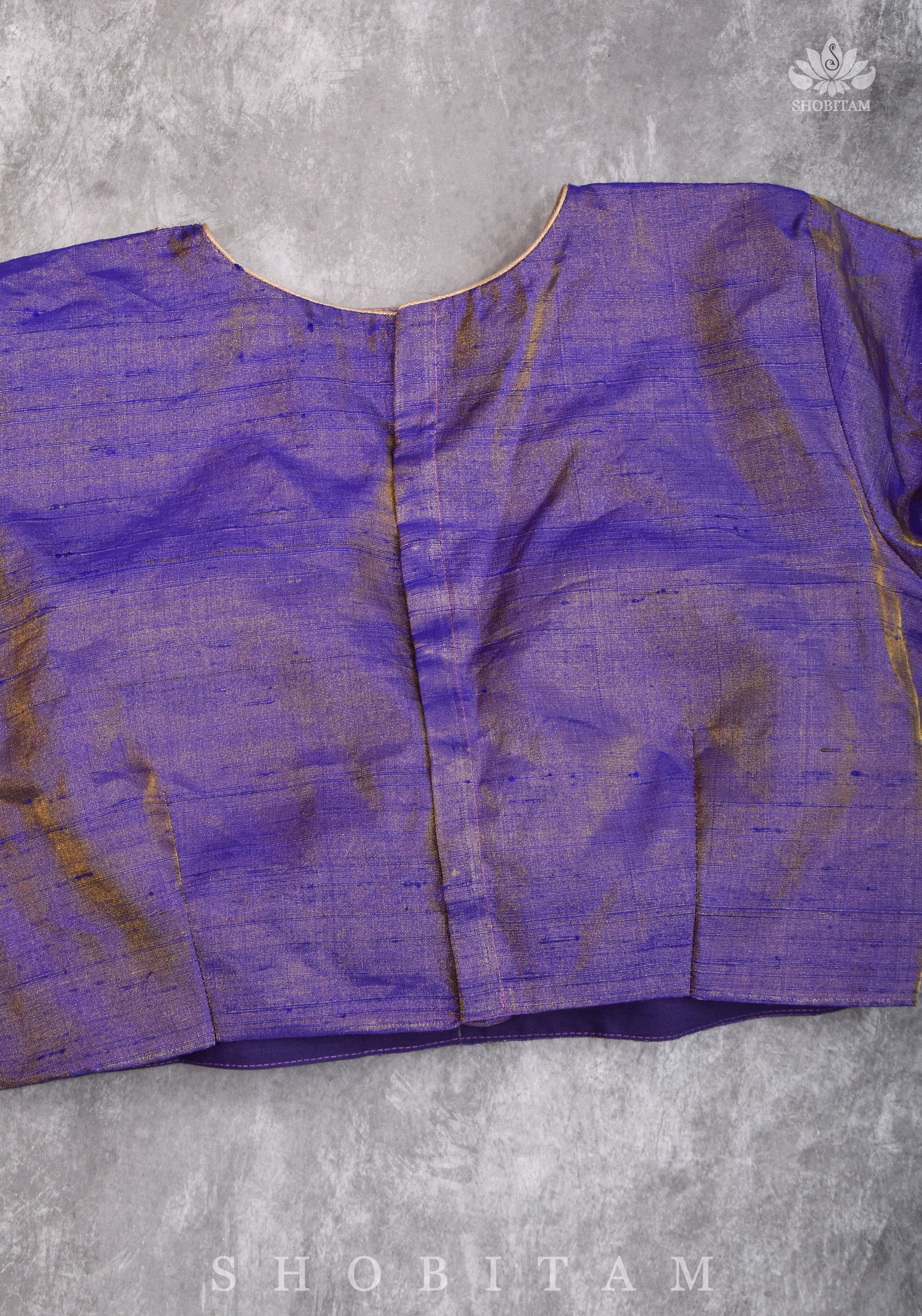 Guttapusalu and bajuband handwork on exotic Pure Tissue Raw Silk Blouse in Lilac | Shobitam