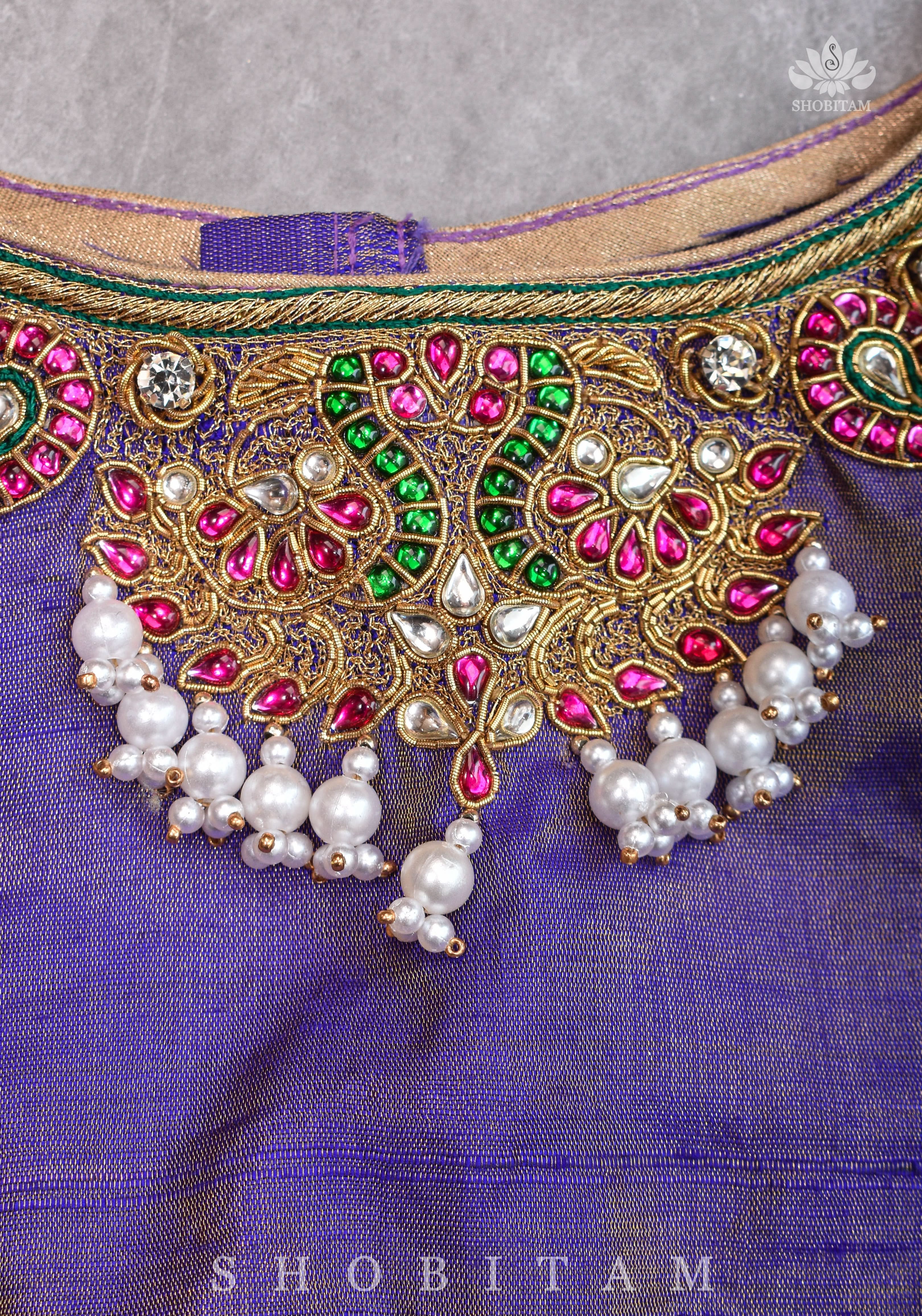 Guttapusalu and bajuband handwork on exotic Pure Tissue Raw Silk Blouse in Lilac | Shobitam