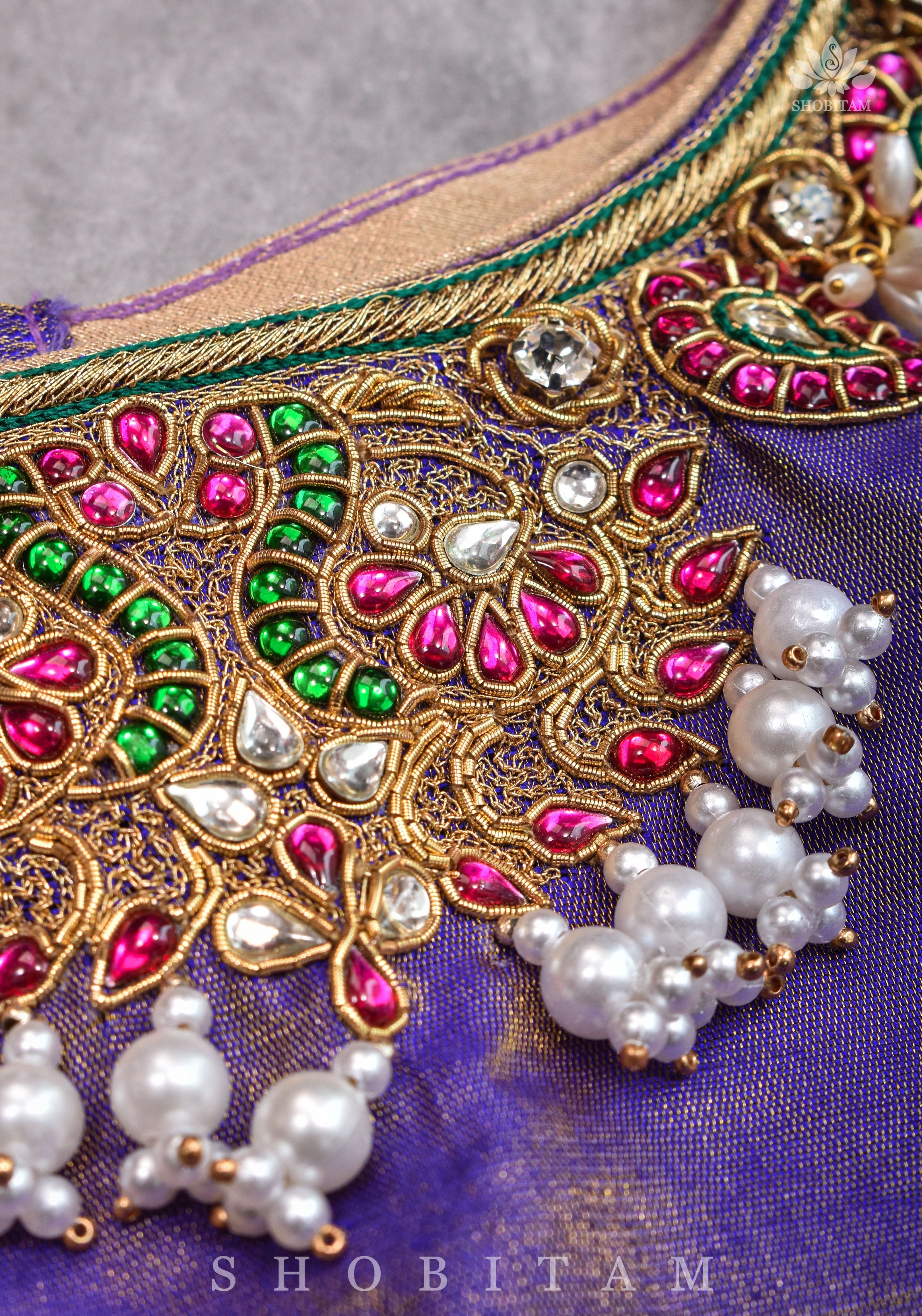 Guttapusalu and bajuband handwork on exotic Pure Tissue Raw Silk Blouse in Lilac | Shobitam