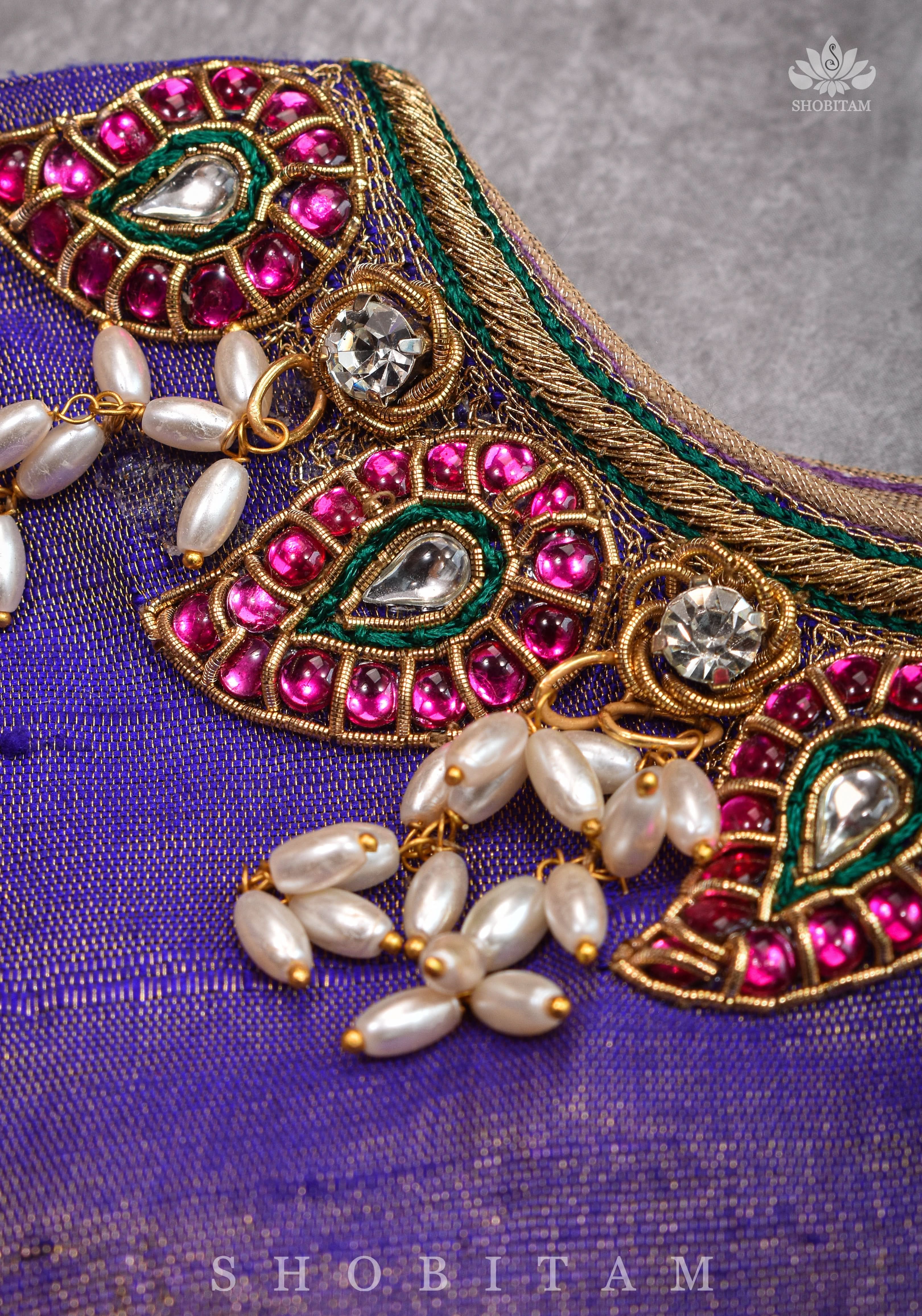 Guttapusalu and bajuband handwork on exotic Pure Tissue Raw Silk Blouse in Lilac | Shobitam