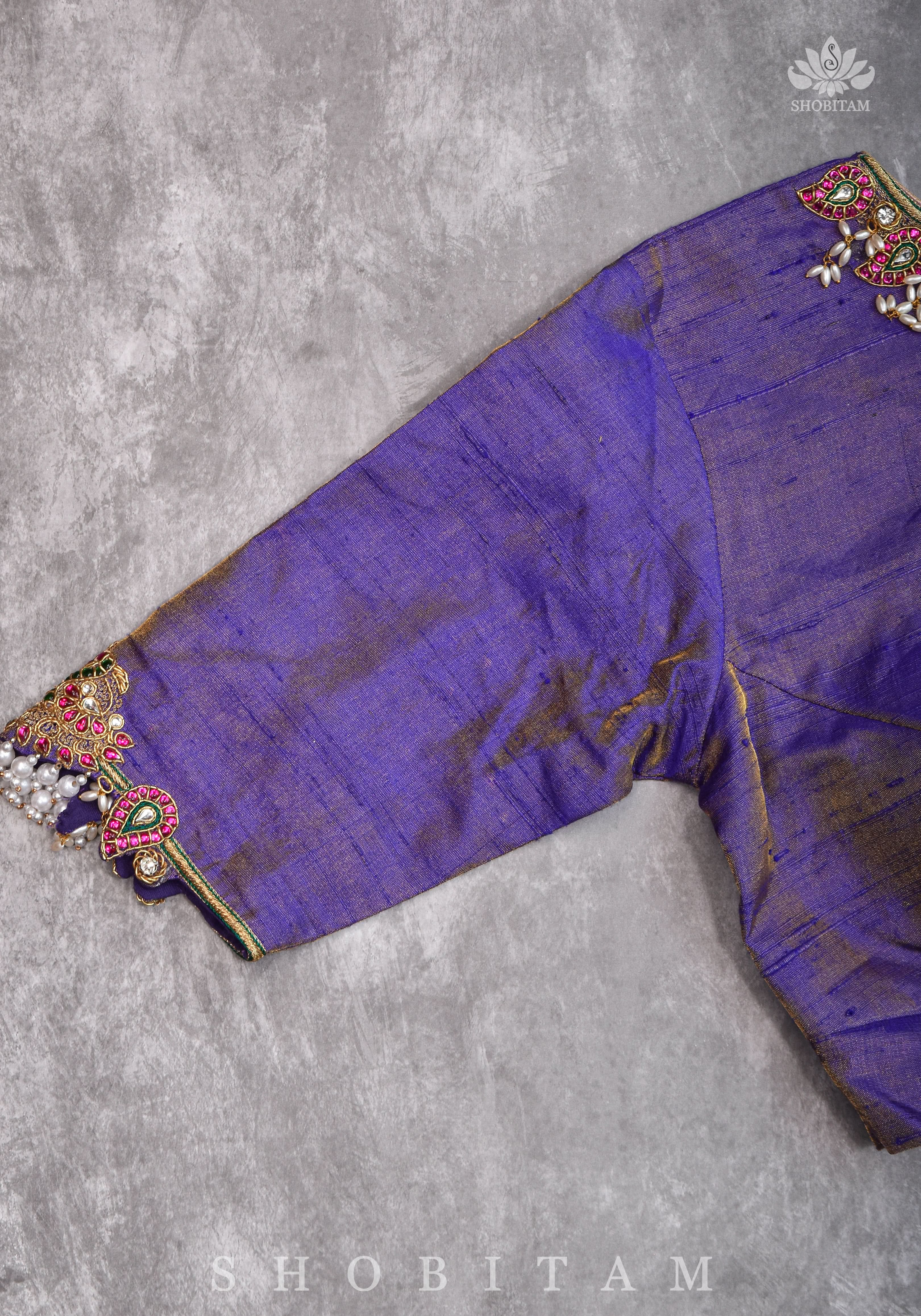 Guttapusalu and bajuband handwork on exotic Pure Tissue Raw Silk Blouse in Lilac | Shobitam