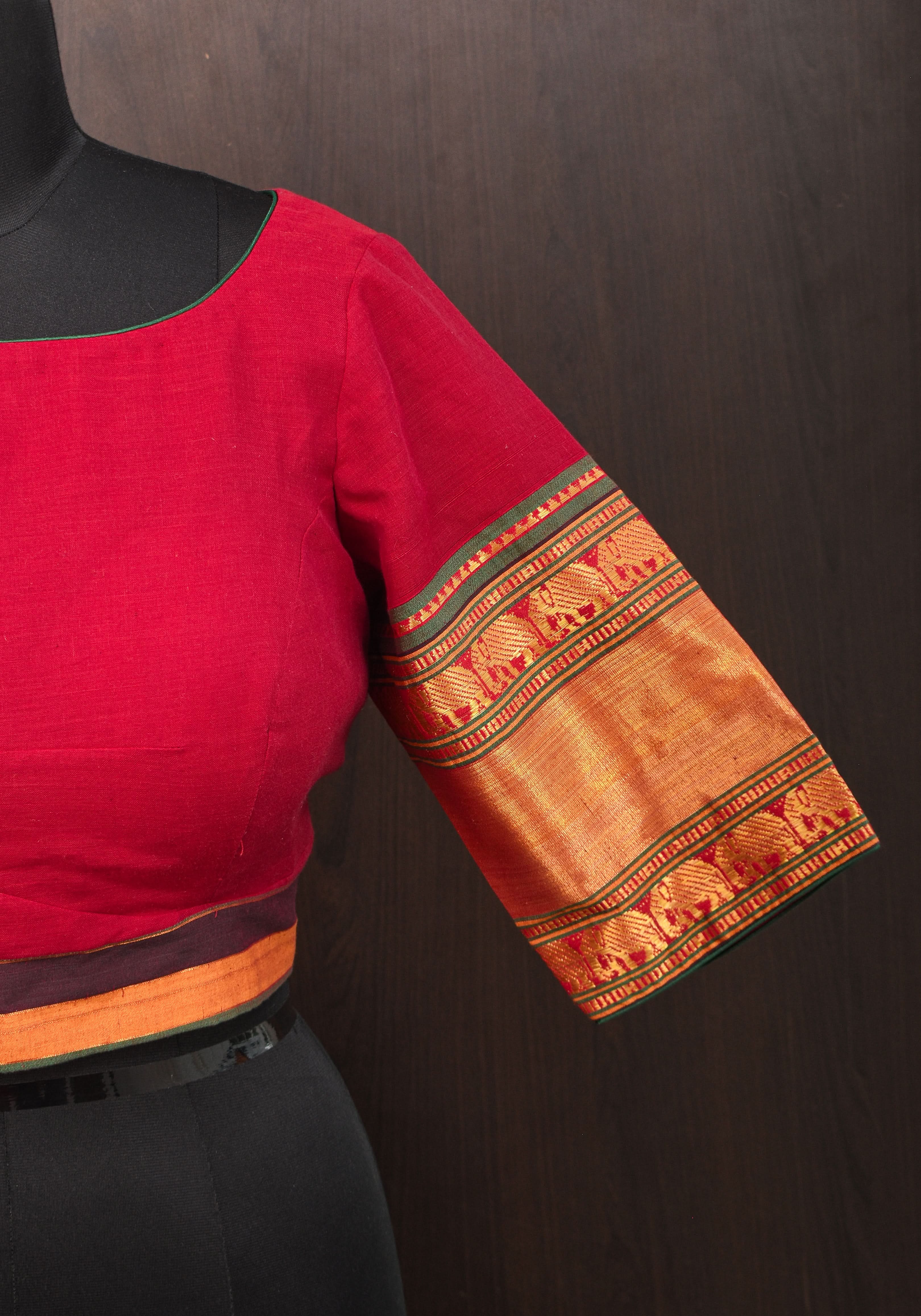 Maroon Narayanpet cotton boatneck blouse with oval cutout and tieback design | Shobitam