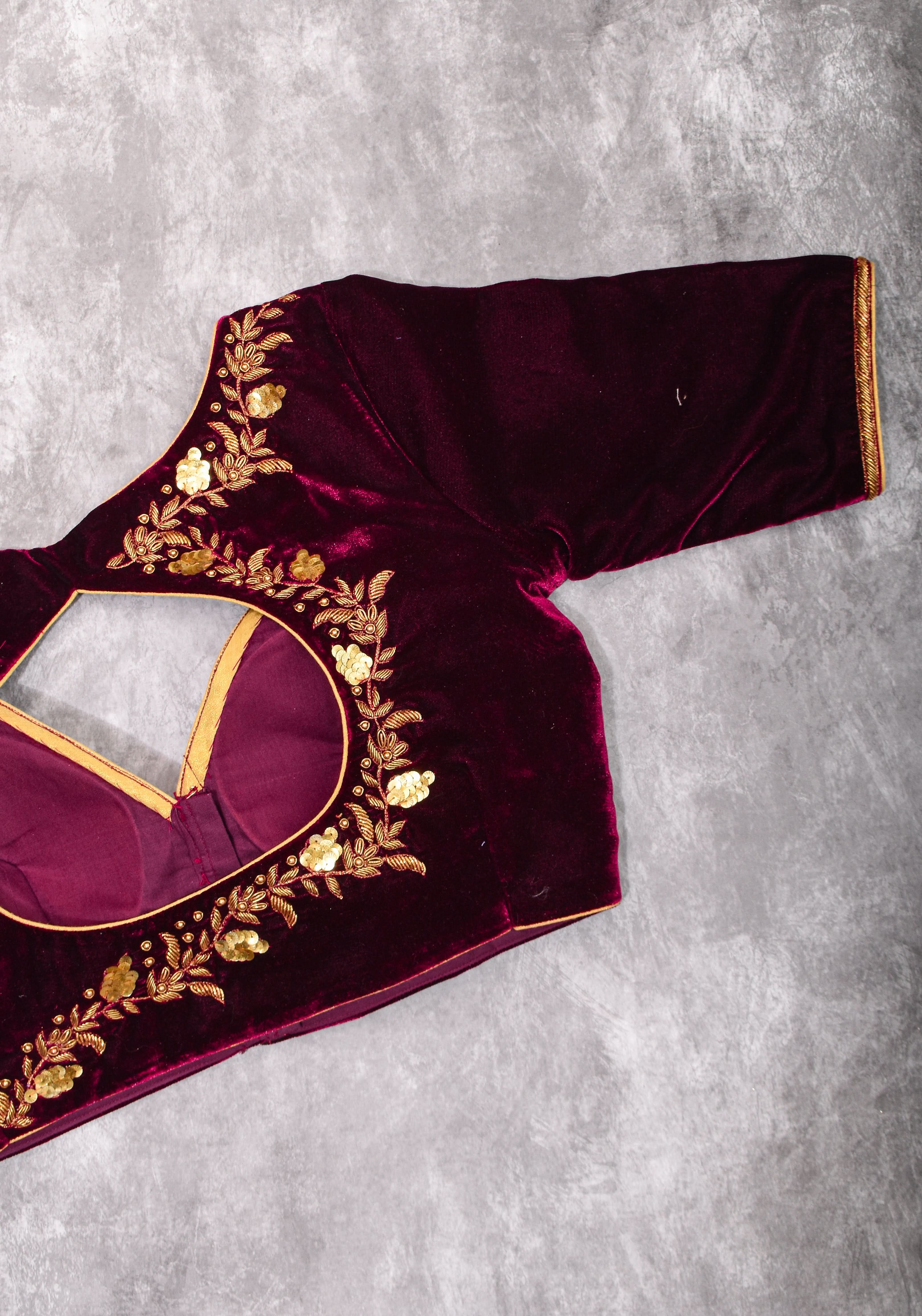 Velvet Blouse in Maroon with Zardosi and Sequin Work | Made to Order | Shobitam