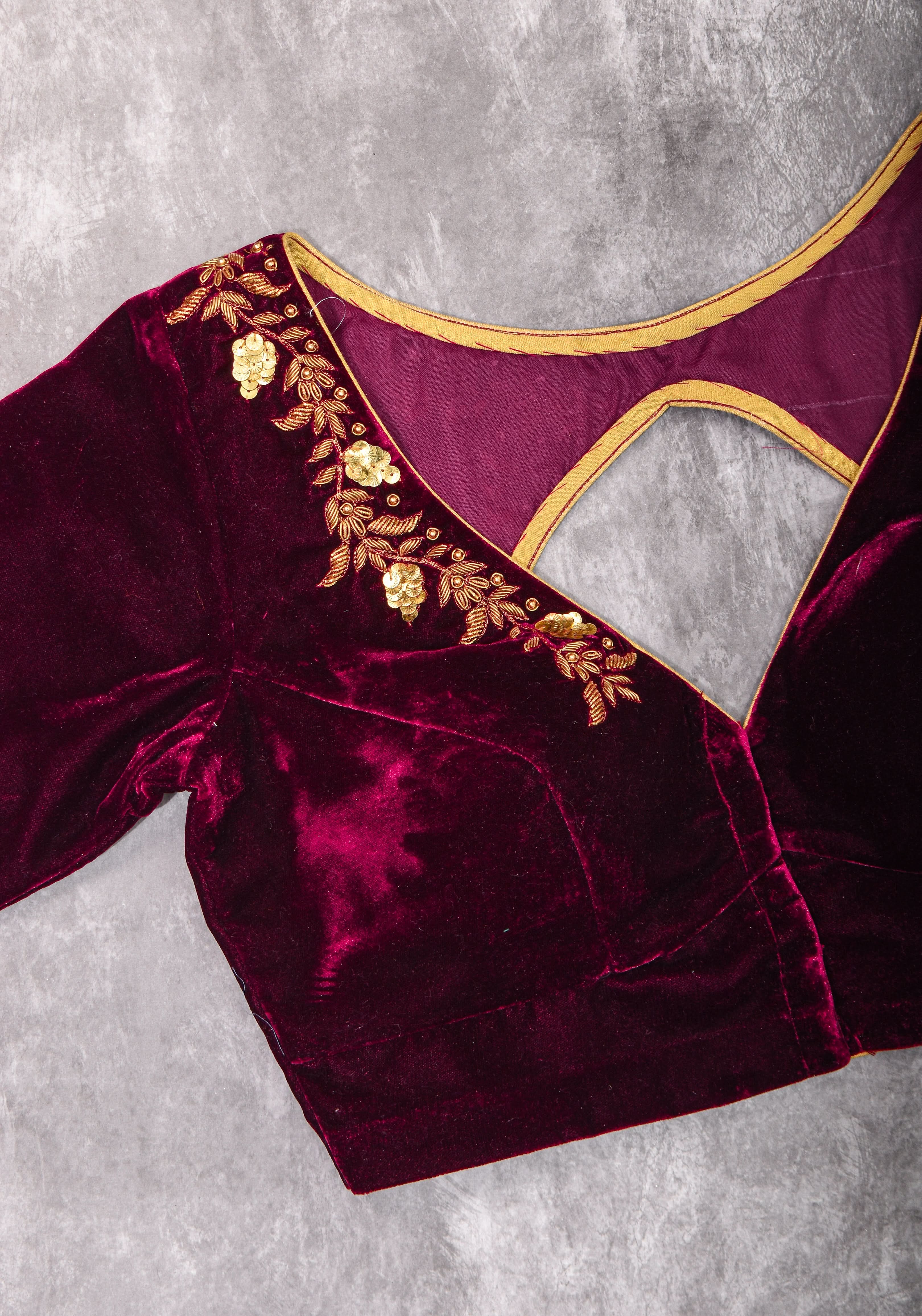 Velvet Blouse in Maroon with Zardosi and Sequin Work | Made to Order | Shobitam