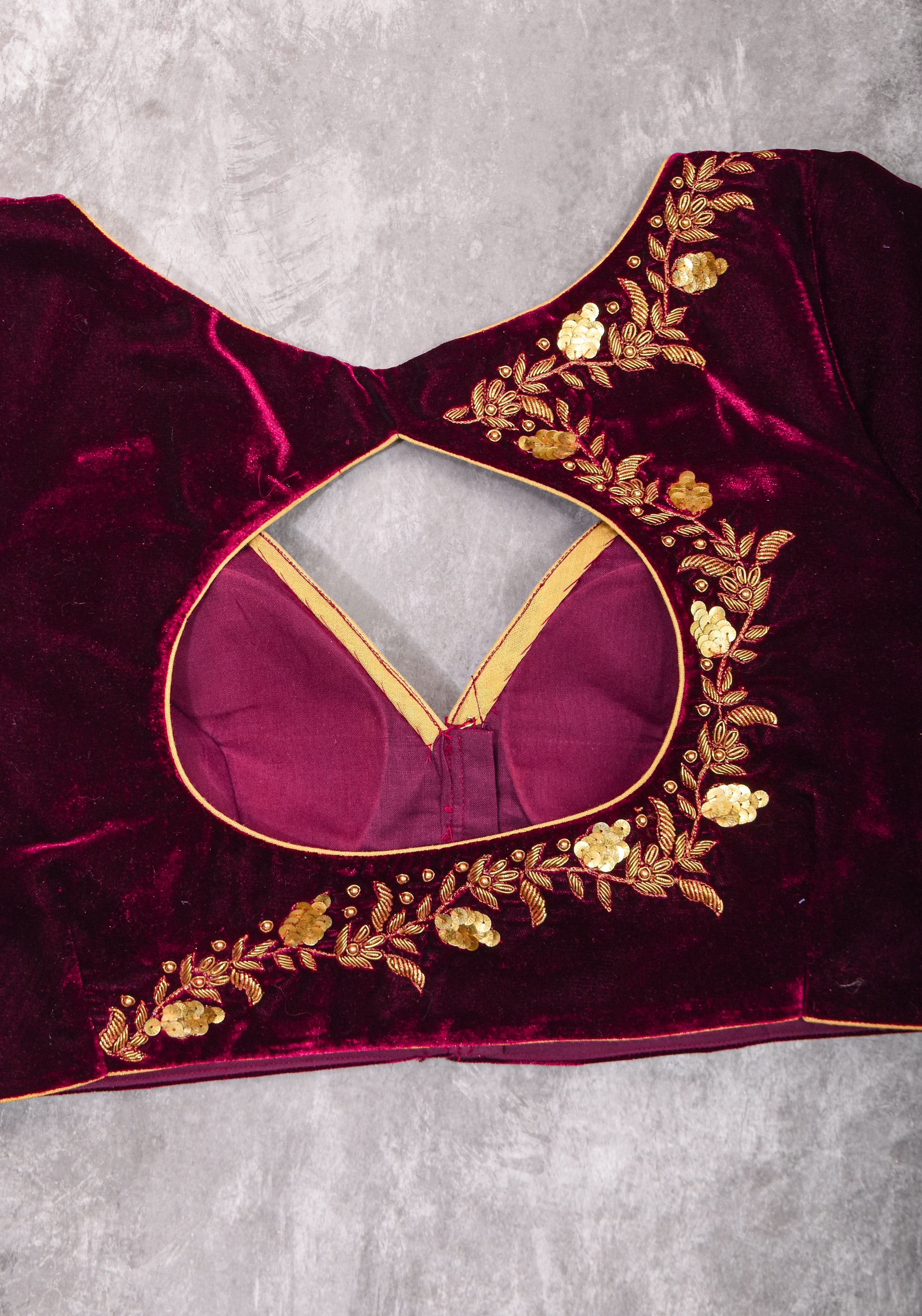 Velvet Blouse in Maroon with Zardosi and Sequin Work | Made to Order | Shobitam