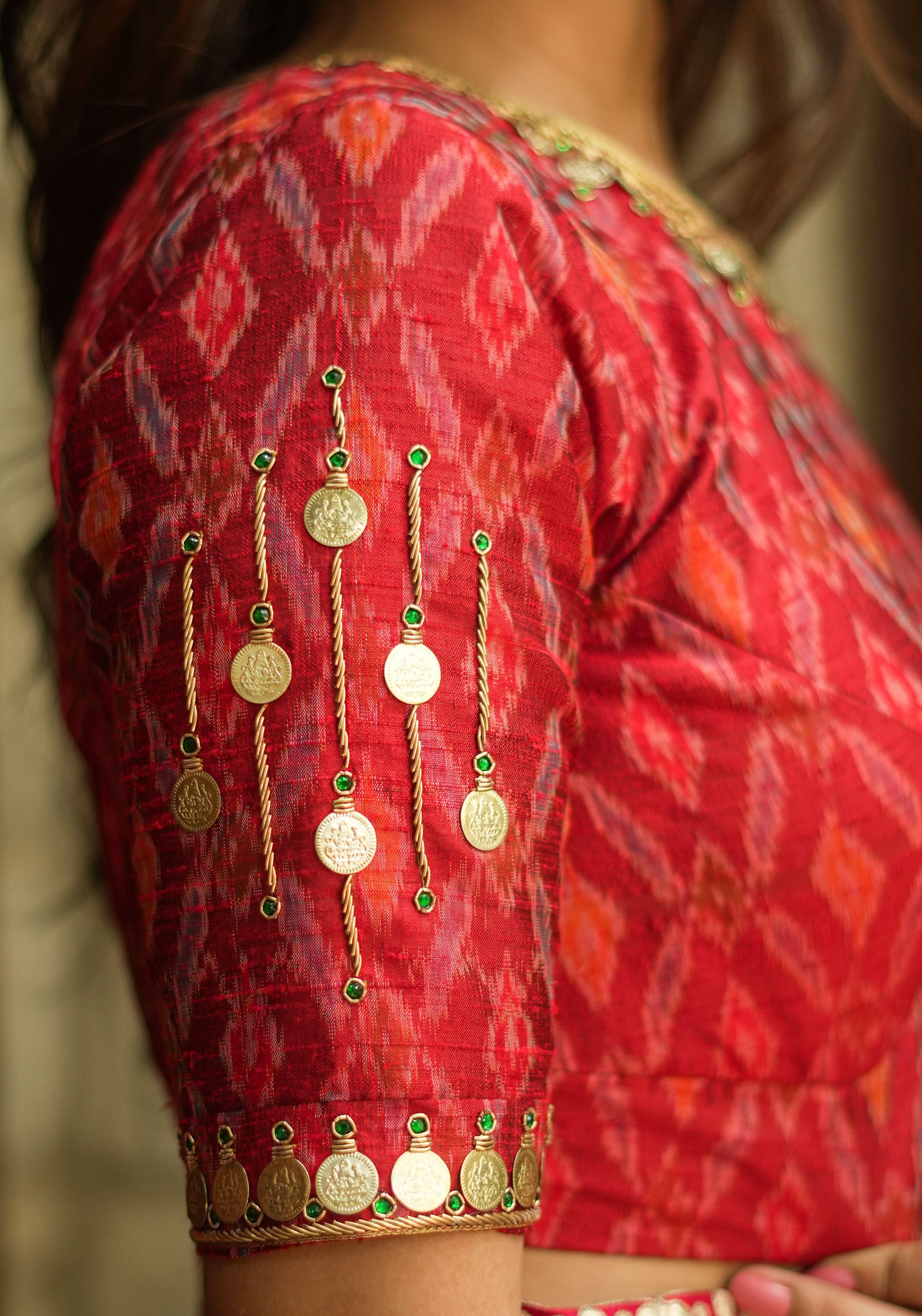 Lakshmi Kaasu Handwork on Woven Ikkat Pure Raw Silk Blouse in Red | Shobitam