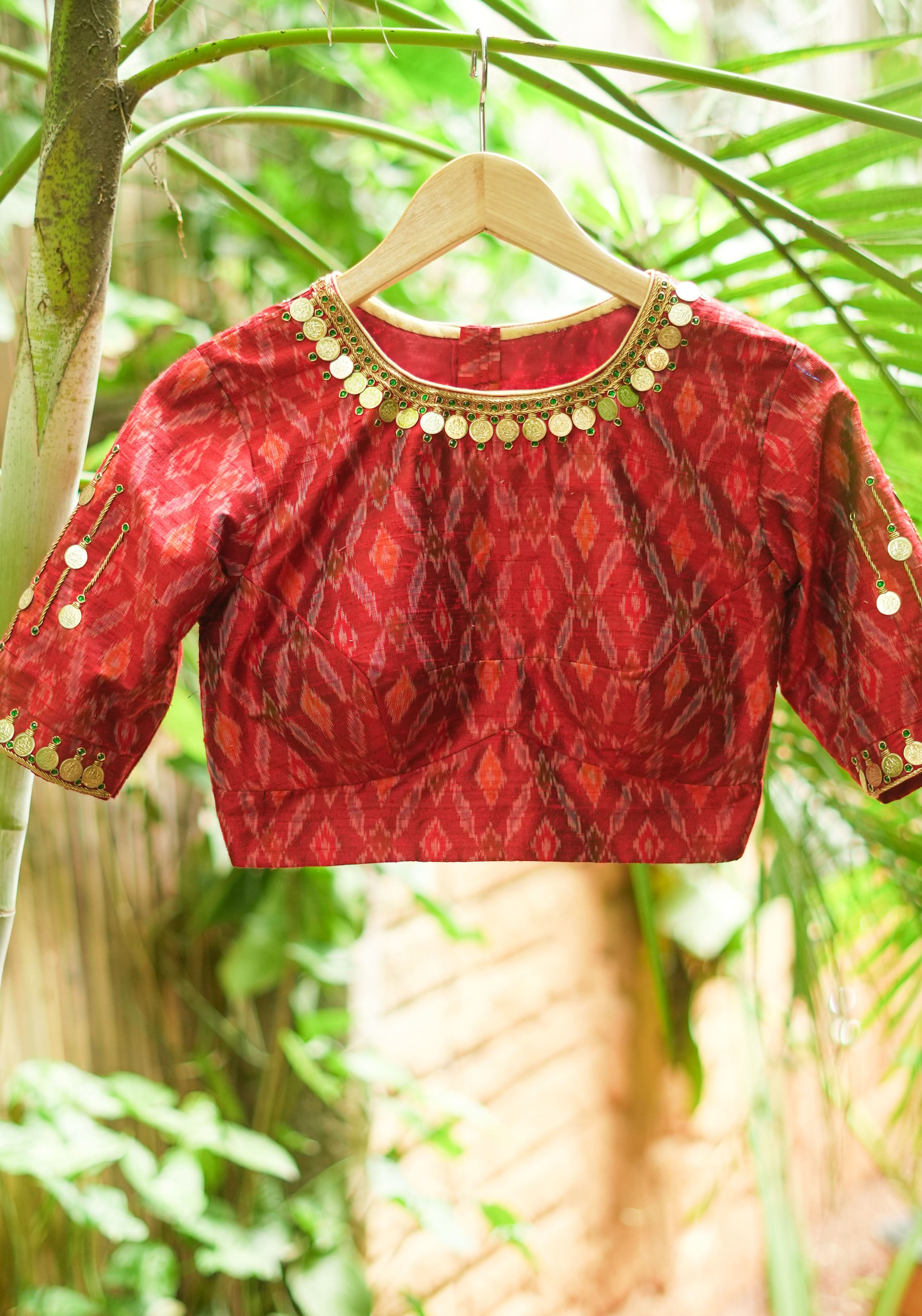 Lakshmi Kaasu Handwork on Woven Ikkat Pure Raw Silk Blouse in Red | Shobitam