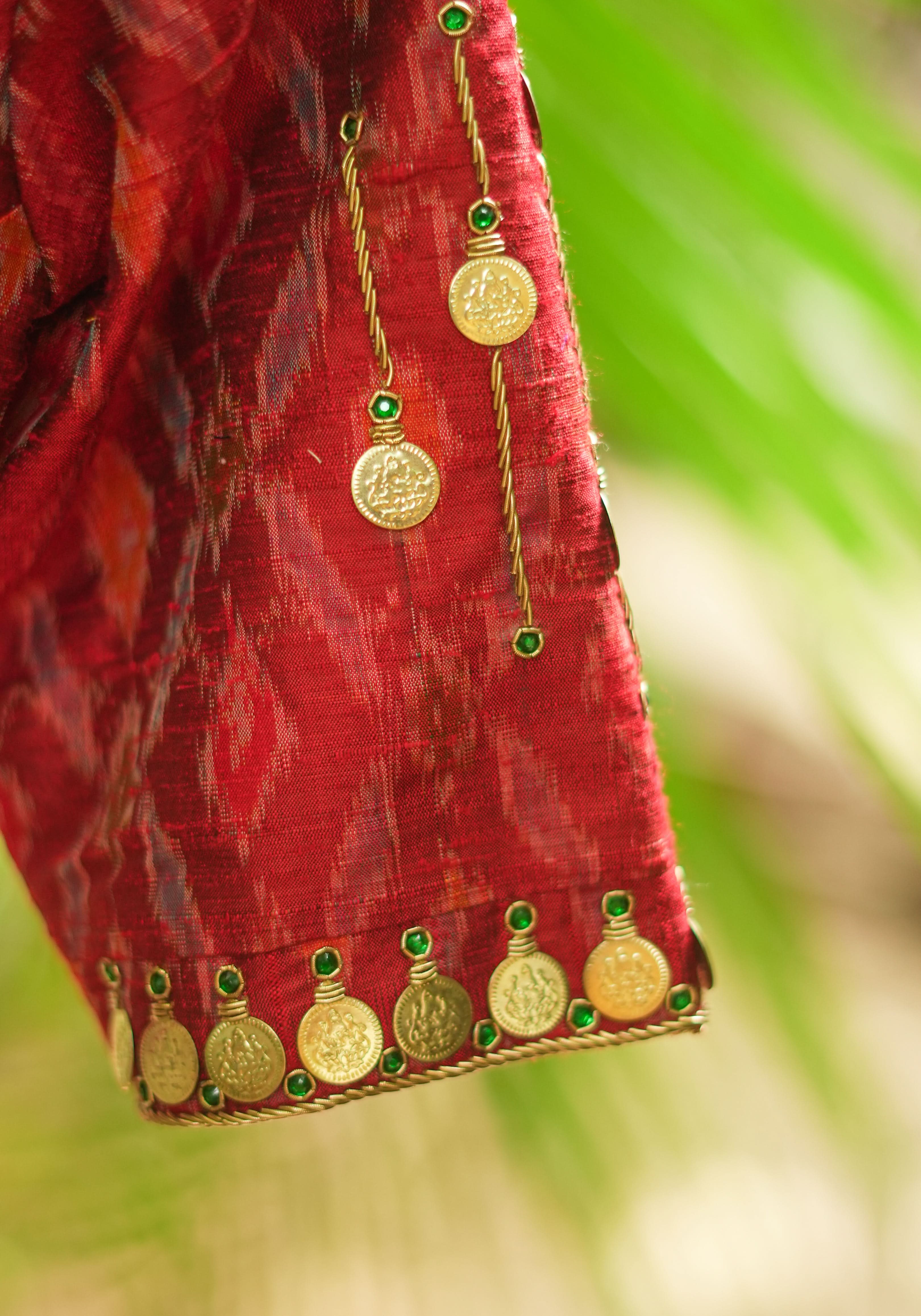 Lakshmi Kaasu Handwork on Woven Ikkat Pure Raw Silk Blouse in Red | Shobitam