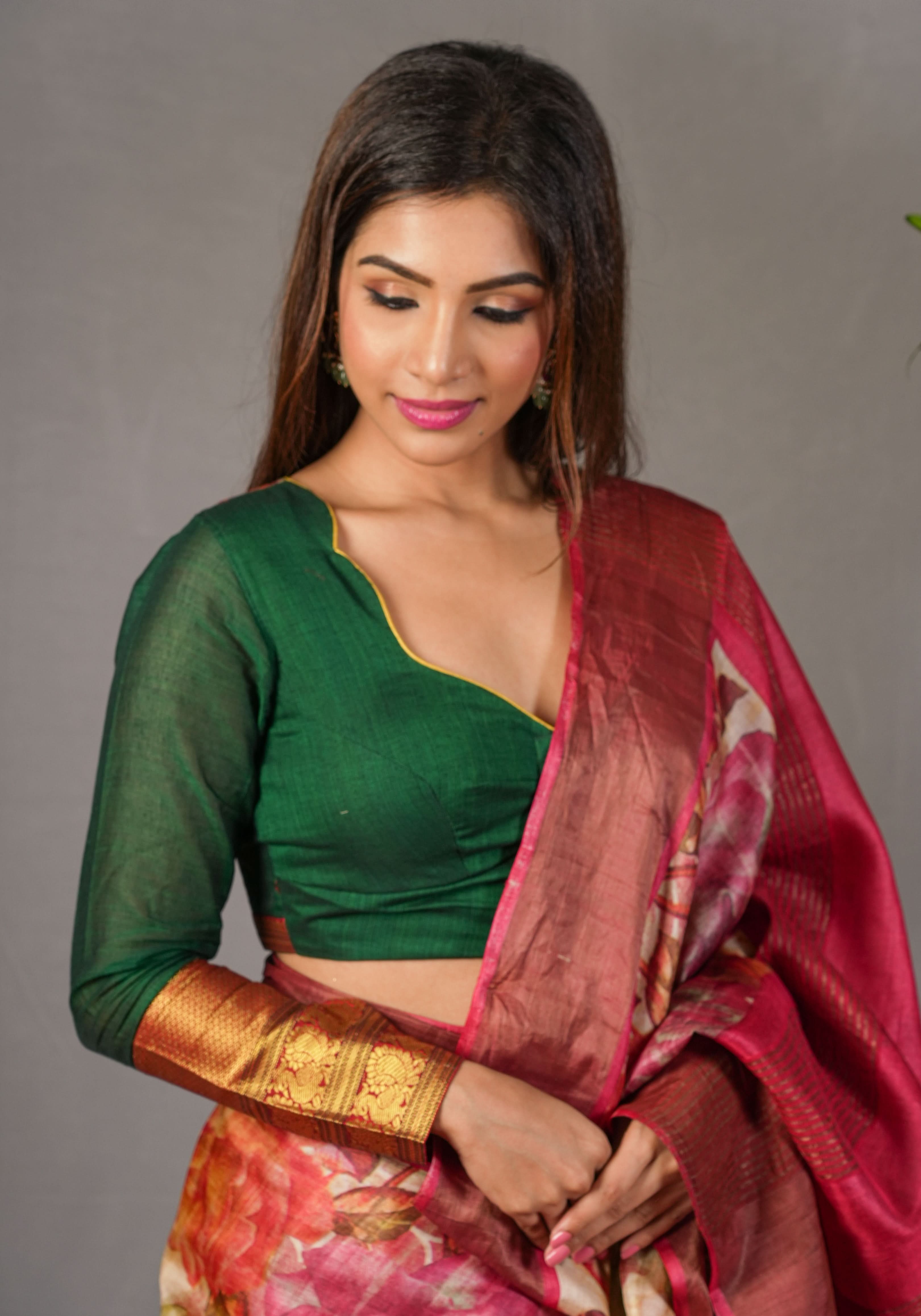 Authentic Pen Kalamkari Applique on full sleeve Narayanpet Cotton Blouse in Emerald Green | Shobitam
