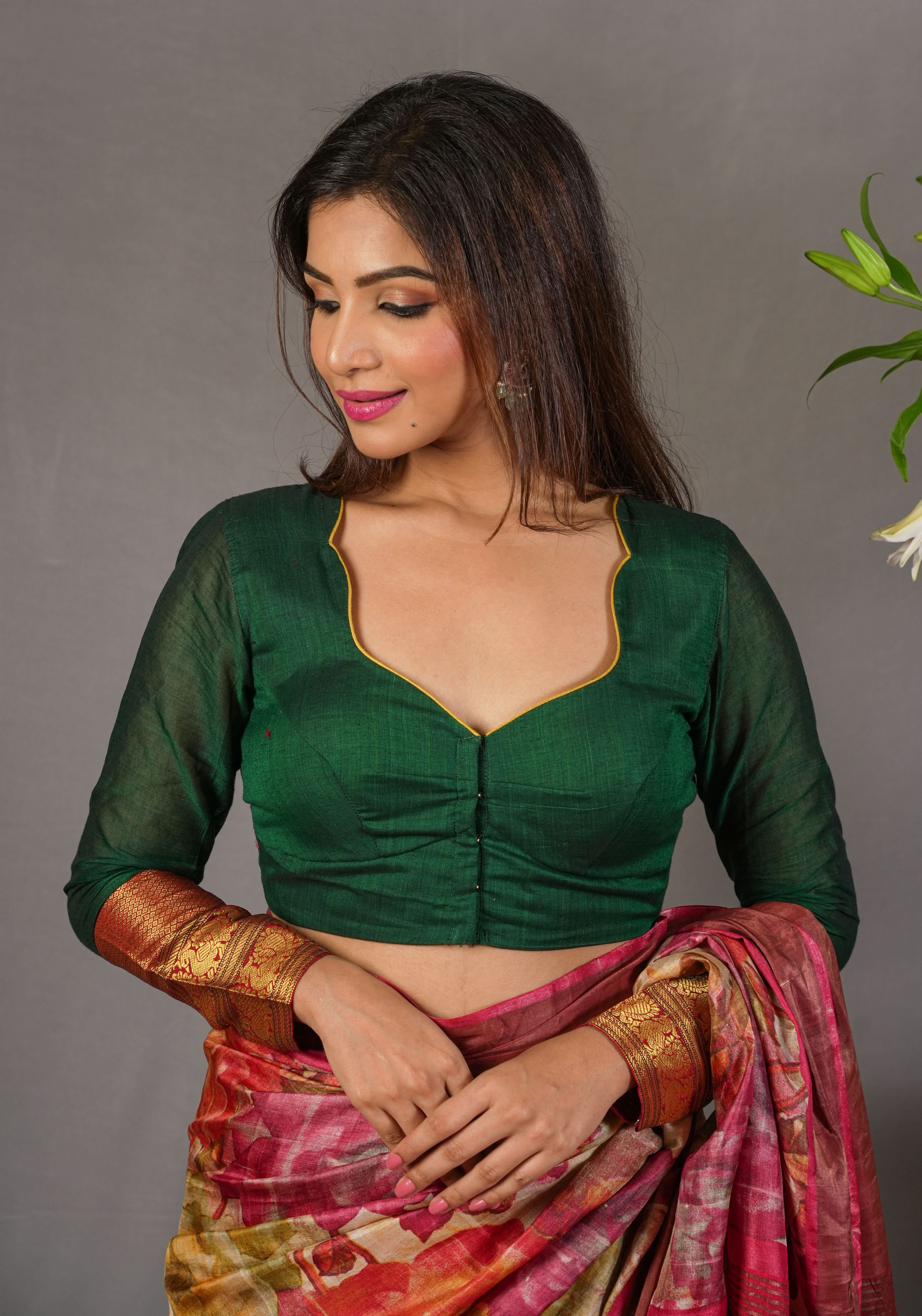 Authentic Pen Kalamkari Applique on full sleeve Narayanpet Cotton Blouse in Emerald Green | Shobitam