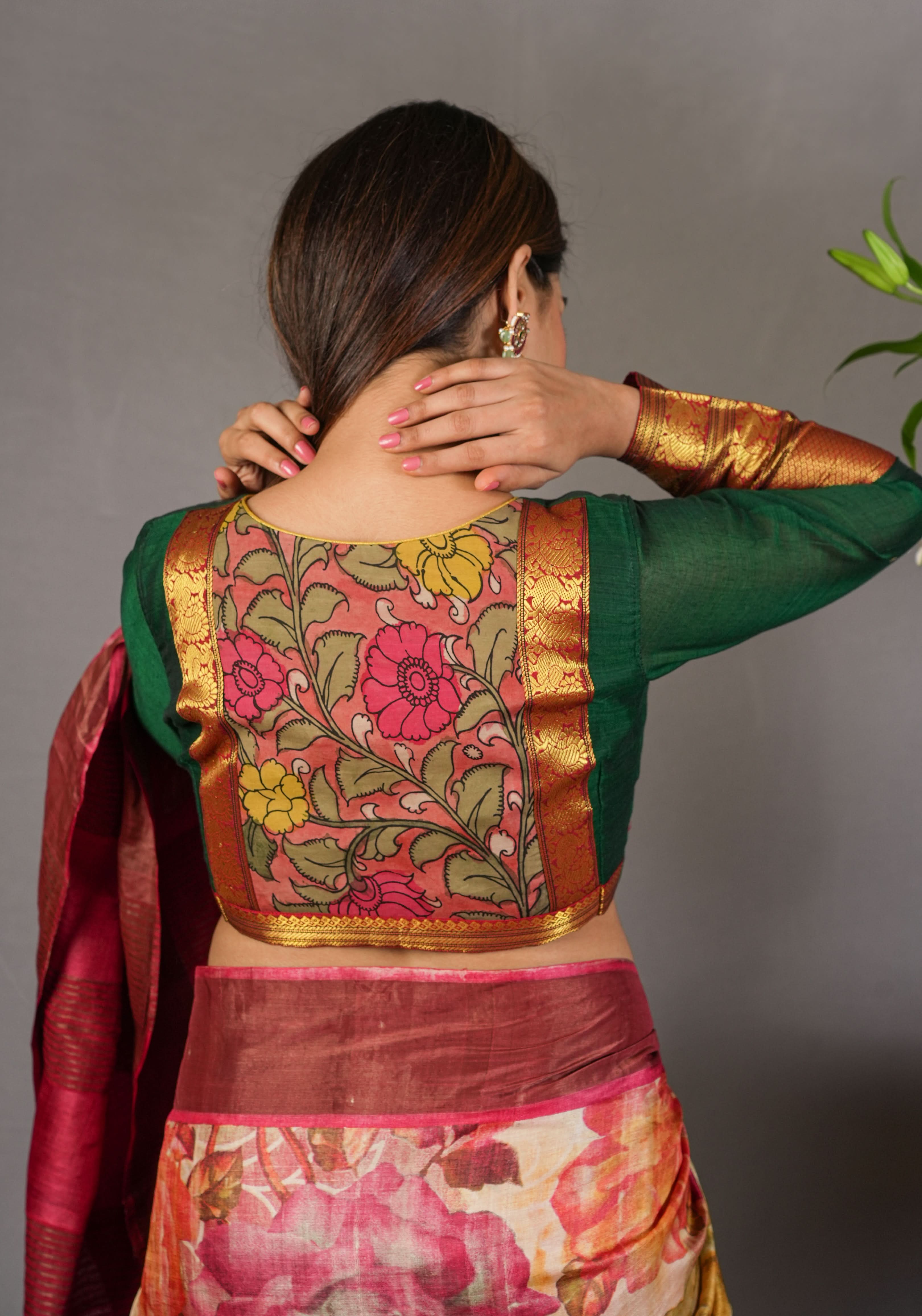 Authentic Pen Kalamkari Applique on full sleeve Narayanpet Cotton Blouse in Emerald Green | Shobitam