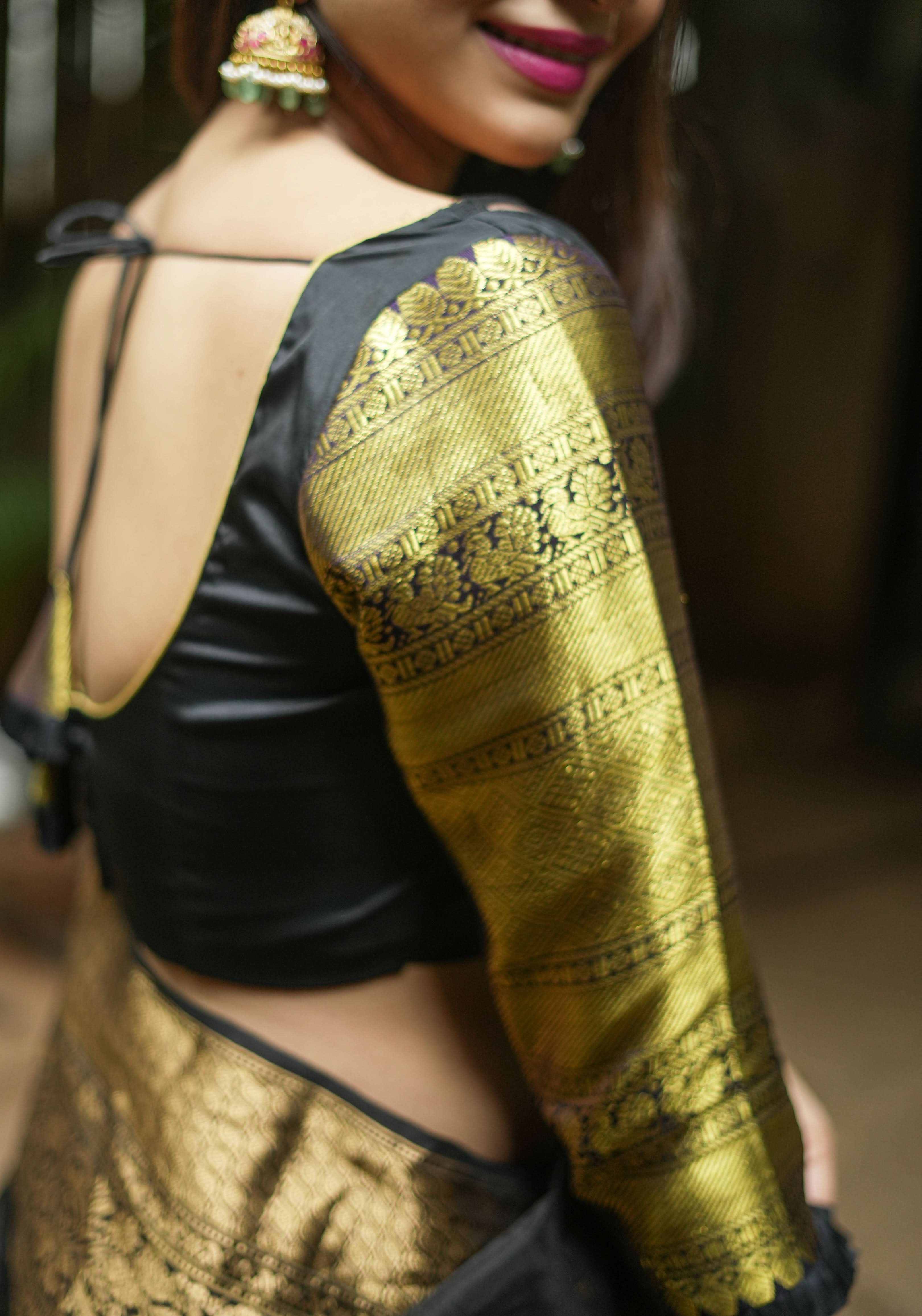 16" Zari Sleeves Kanjivaram  Silk Blouse in Black & Gold | Made to Order | Shobitam
