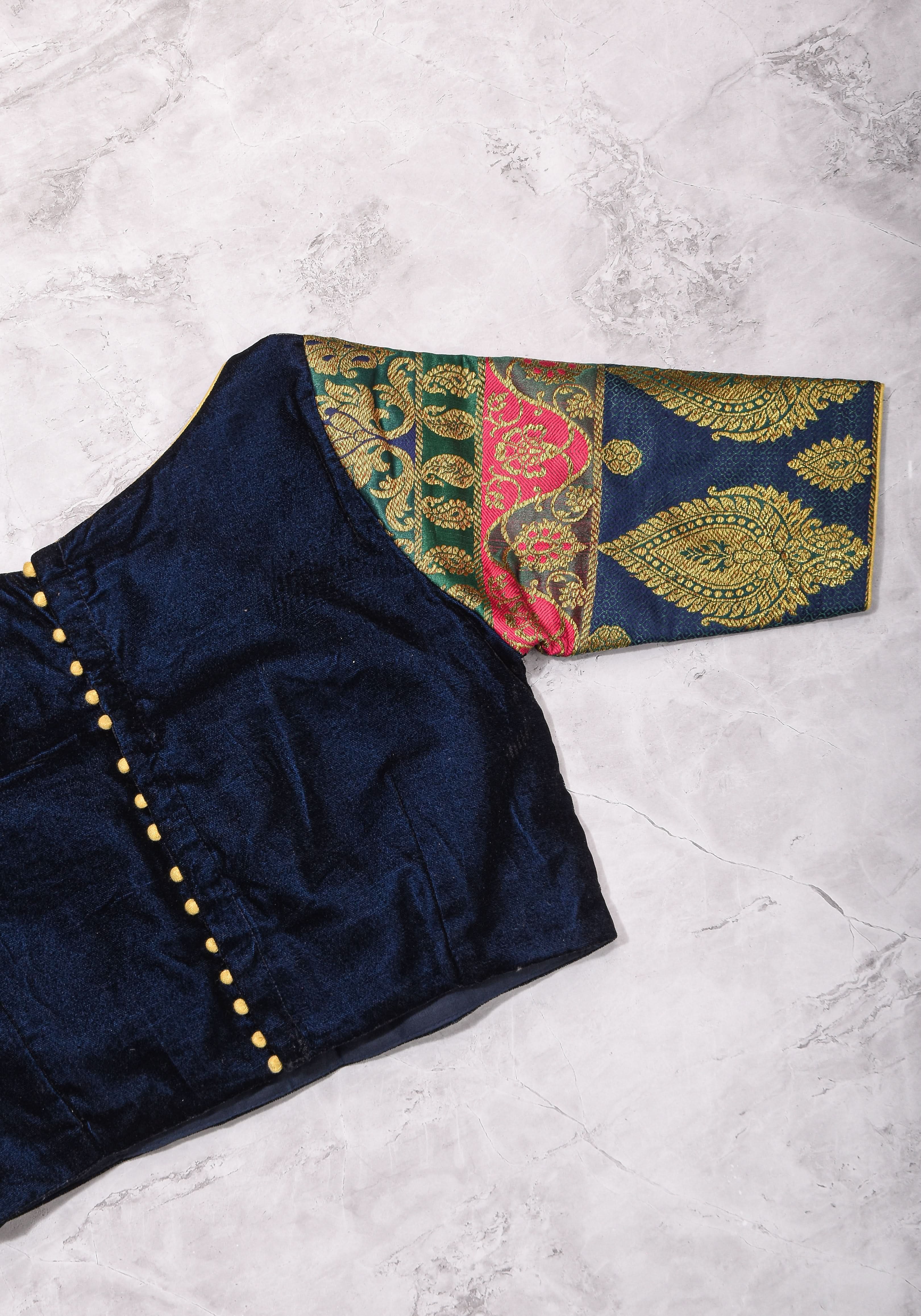 Size 32 : Regal Velvet and Banarasi multihue Sleeves Blouse | Shobitam