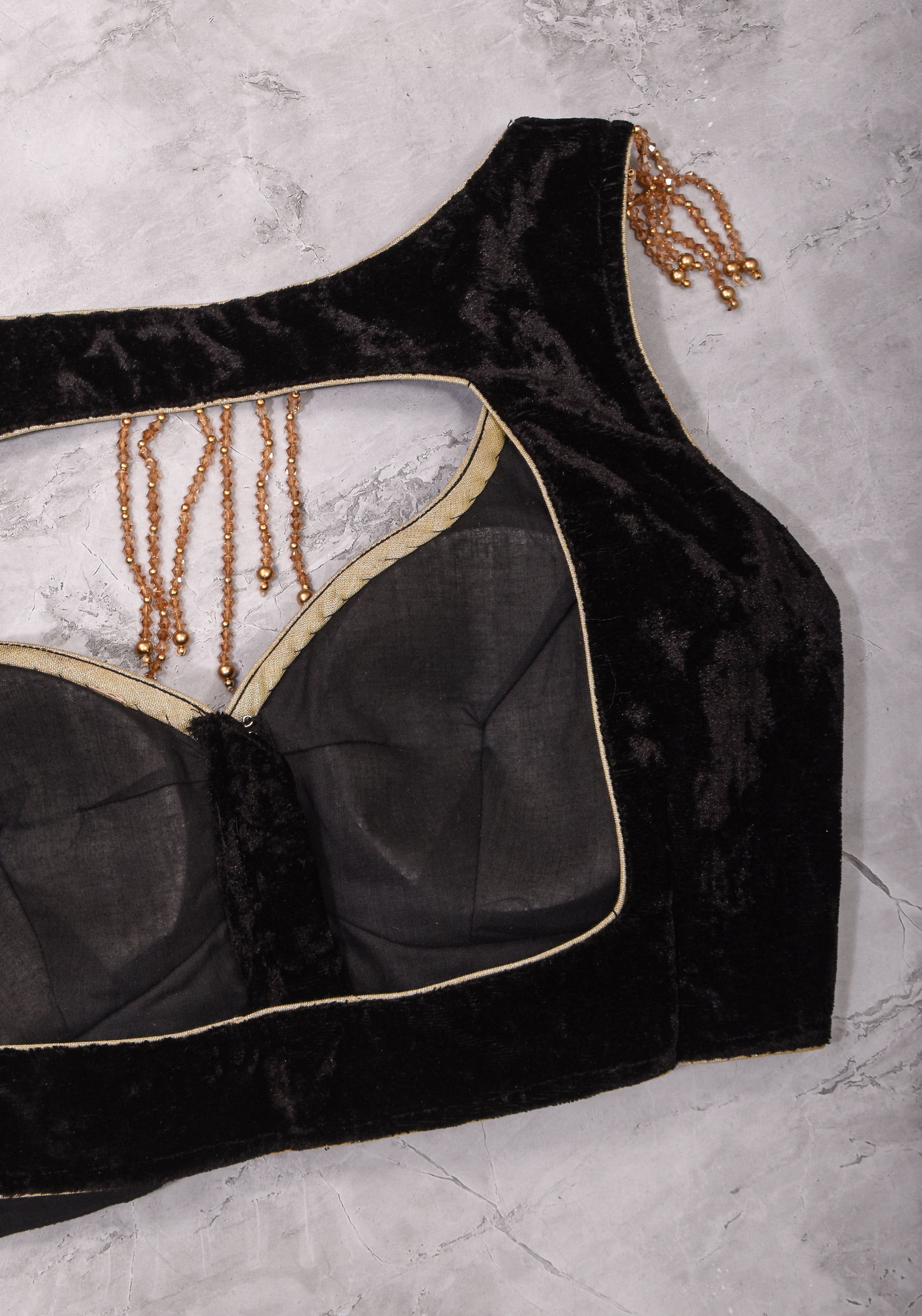 Velvet leaf neck Blouse with crystal beads detailing in black | Shobitam
