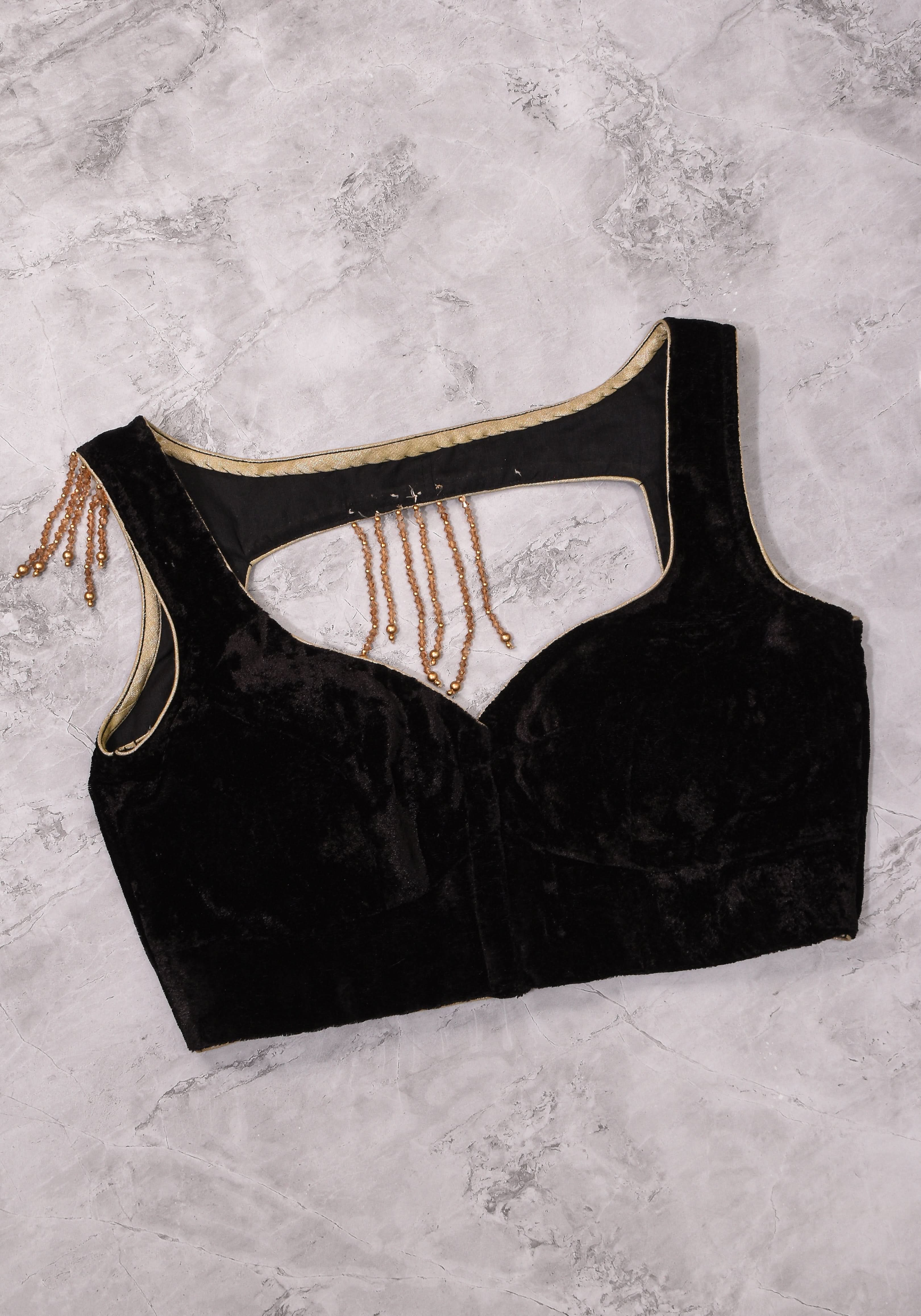 Velvet leaf neck Blouse with crystal beads detailing in black | Shobitam