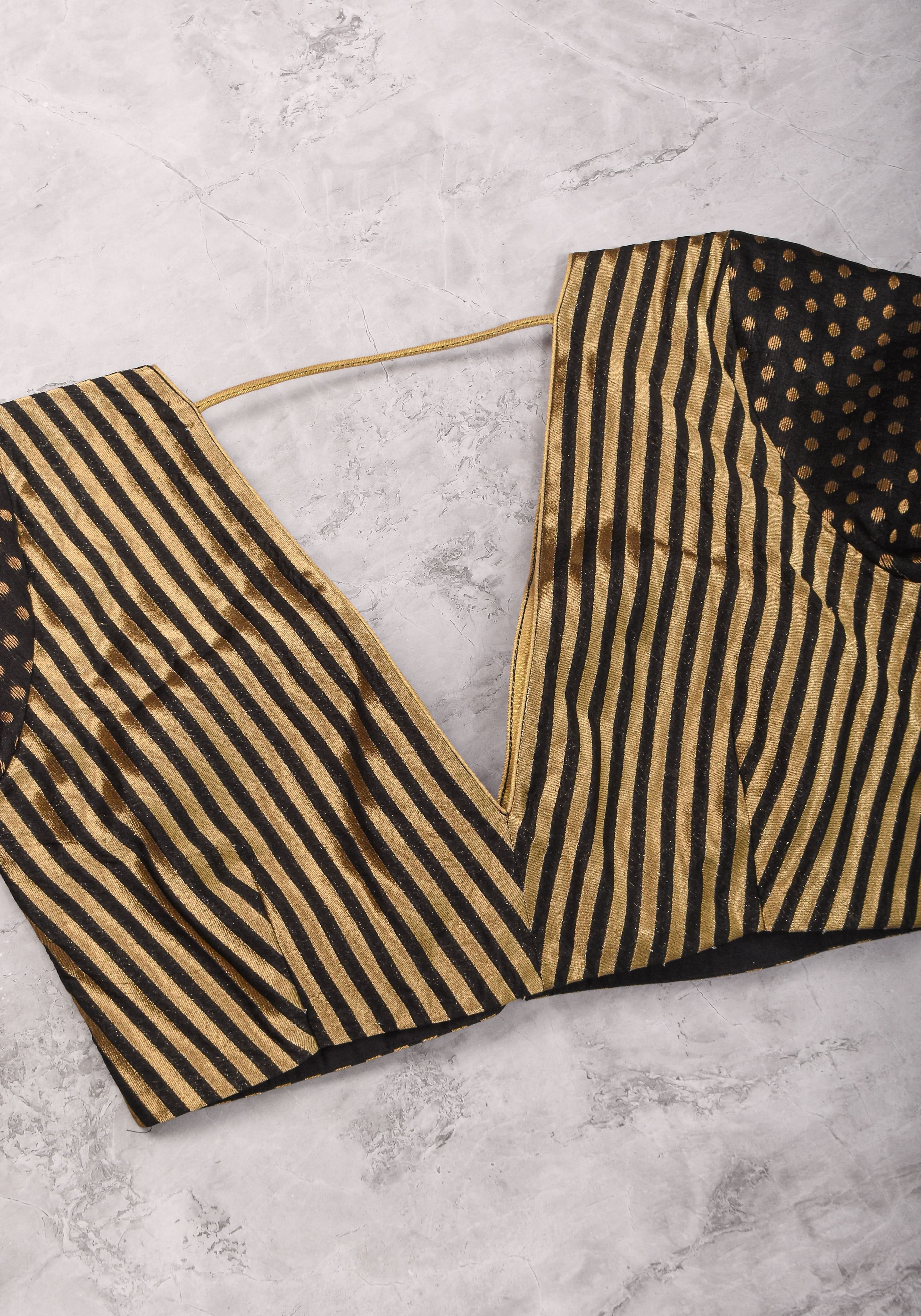 Black and gold stripes and buttas plunge neck mix and match blouse for saree, Made to Order | Shobitam