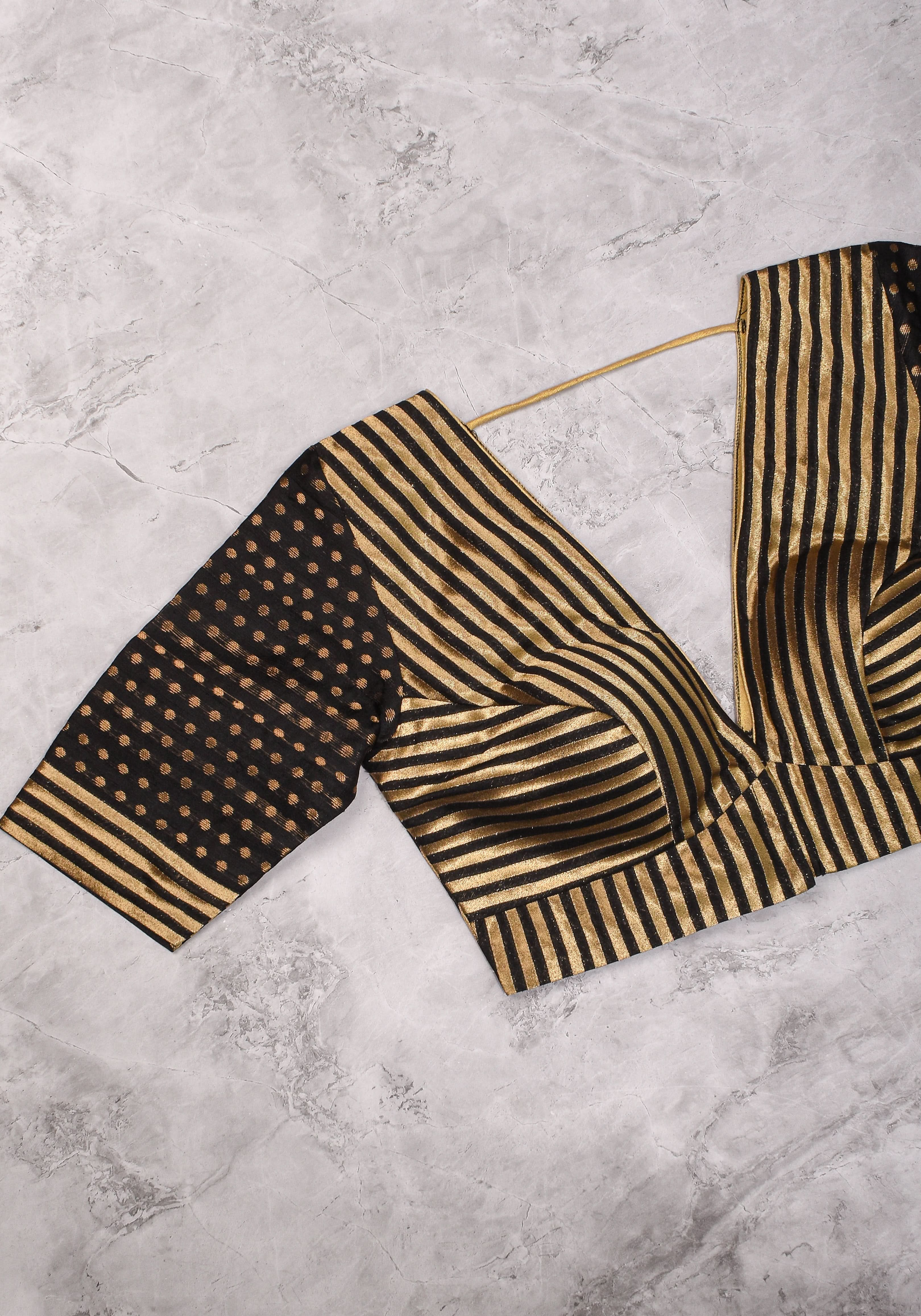 Black and gold stripes and buttas plunge neck mix and match blouse for saree, Made to Order | Shobitam