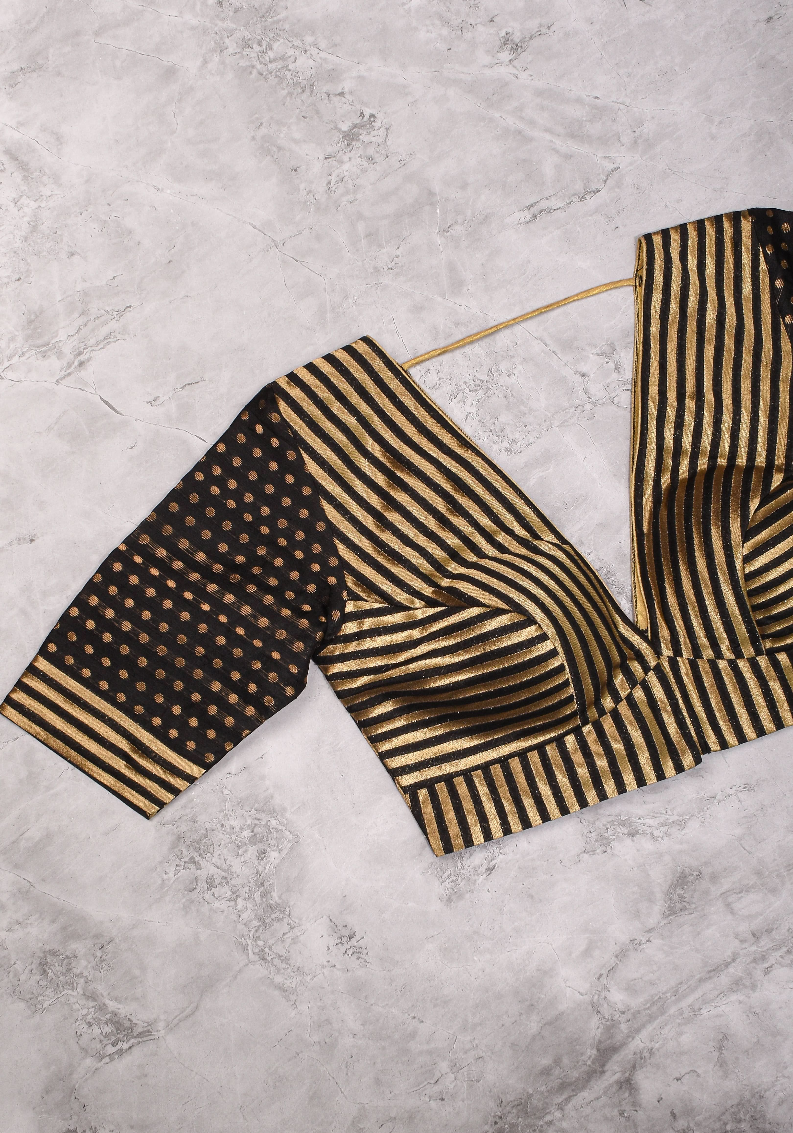Black and gold stripes and buttas plunge neck mix and match blouse for saree, Made to Order | Shobitam