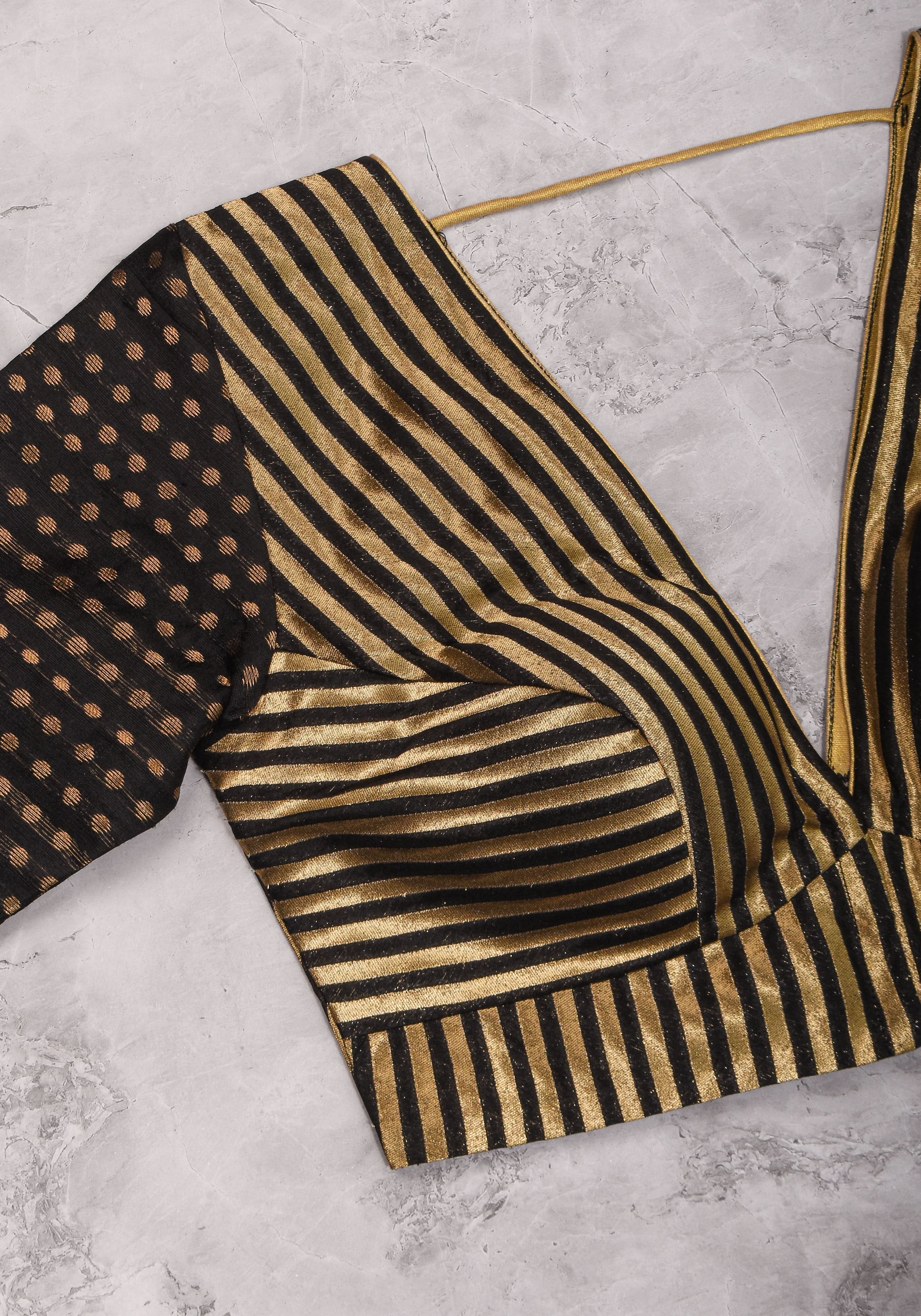 Black and gold stripes and buttas plunge neck mix and match blouse for saree, Made to Order | Shobitam