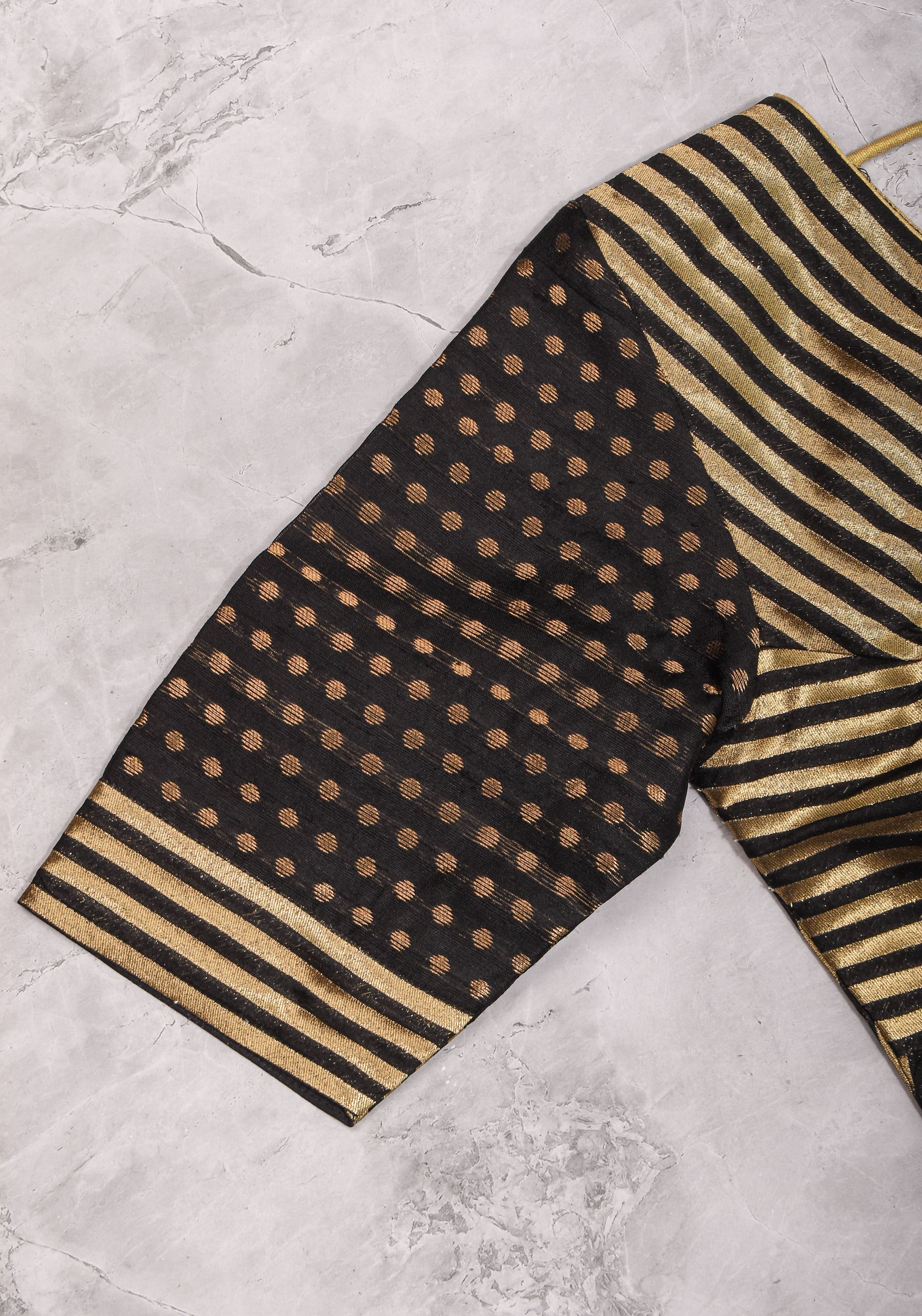 Black and gold stripes and buttas plunge neck mix and match blouse for saree, Made to Order | Shobitam