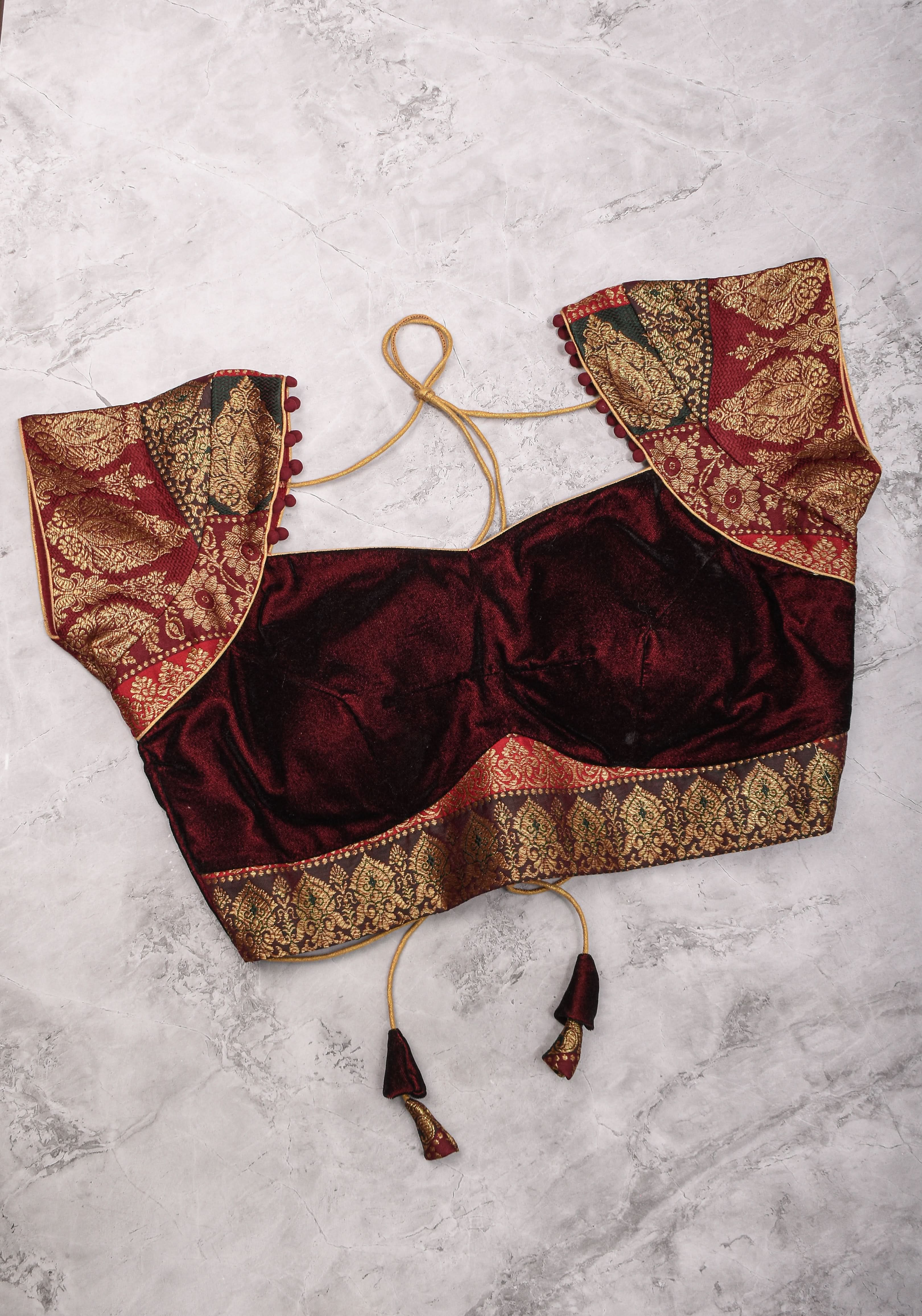 Burgundy Velvet and Banarasi brocade Sweetheart neck blouse, with potli button detailing on neckline, Made to Order | Shobitam