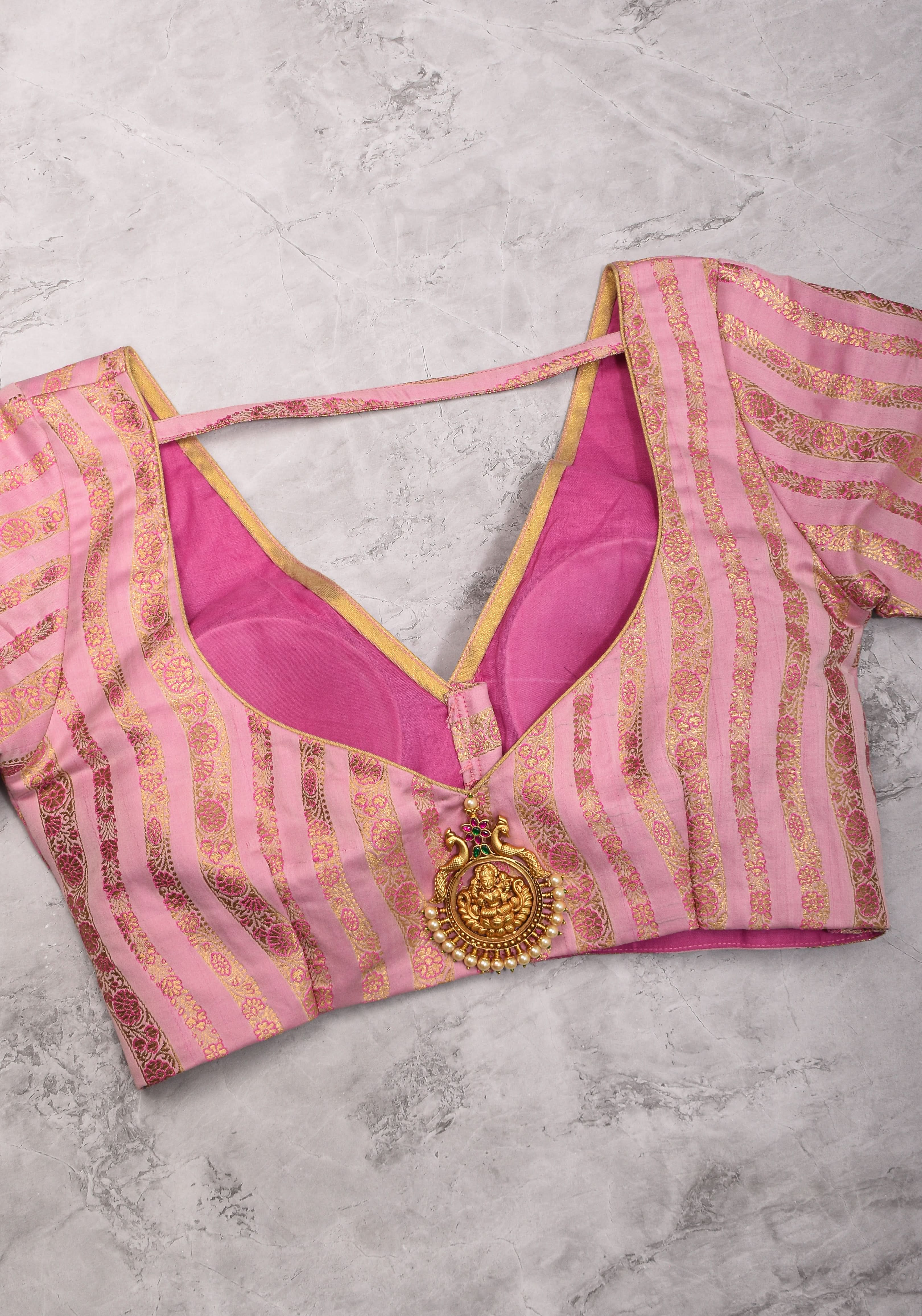 Thistle Banarasi brocade Stripes plunge neck blouse with full sleeves and Lakshmi jewel detailing, Made to Order | Shobitam
