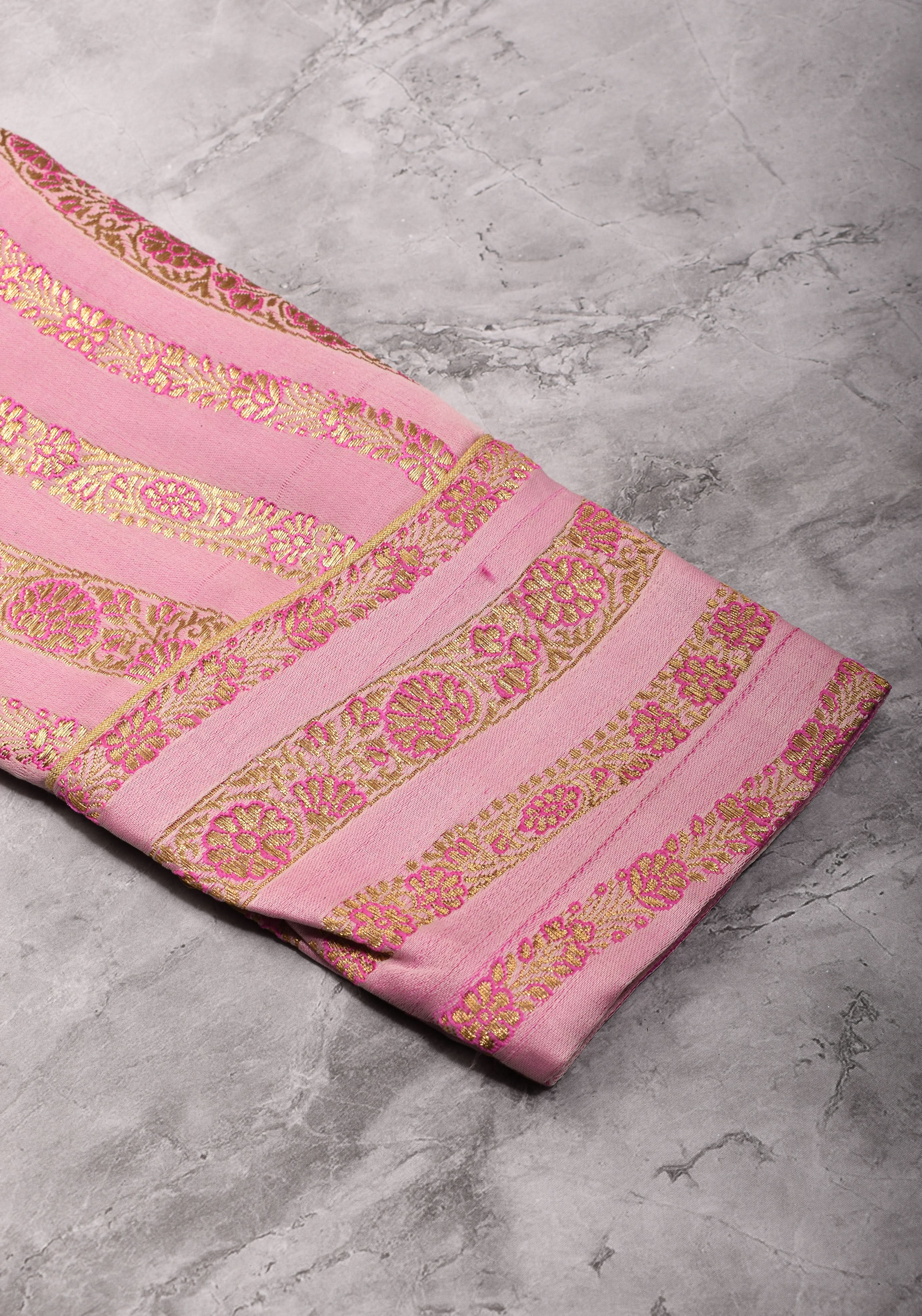 Thistle Banarasi brocade Stripes plunge neck blouse with full sleeves and Lakshmi jewel detailing, Made to Order | Shobitam