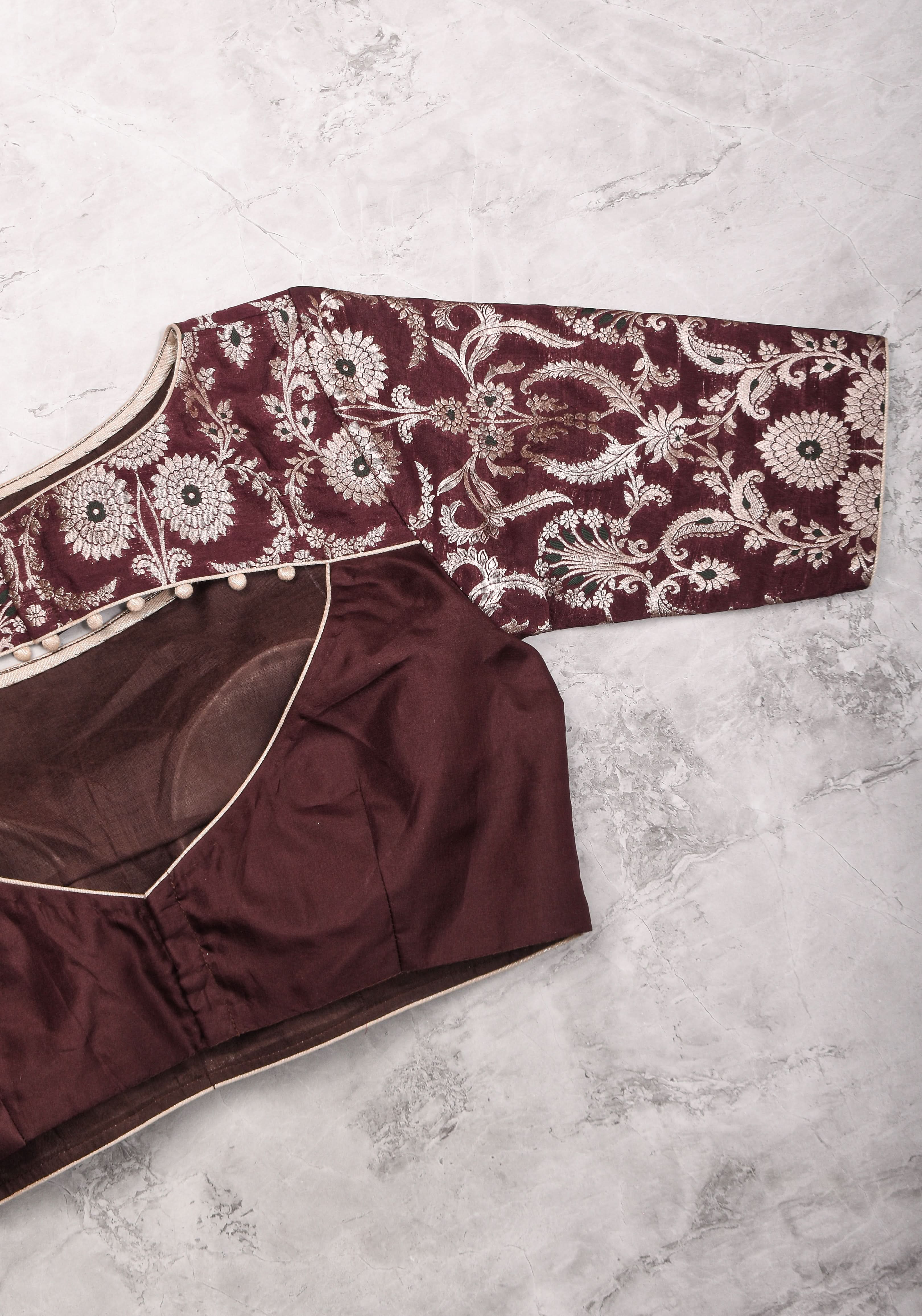 Maroon Silk with Banarasi Silver brocade Yoke with cutout design mix and match blouse for saree, Made to Order | Shobitam