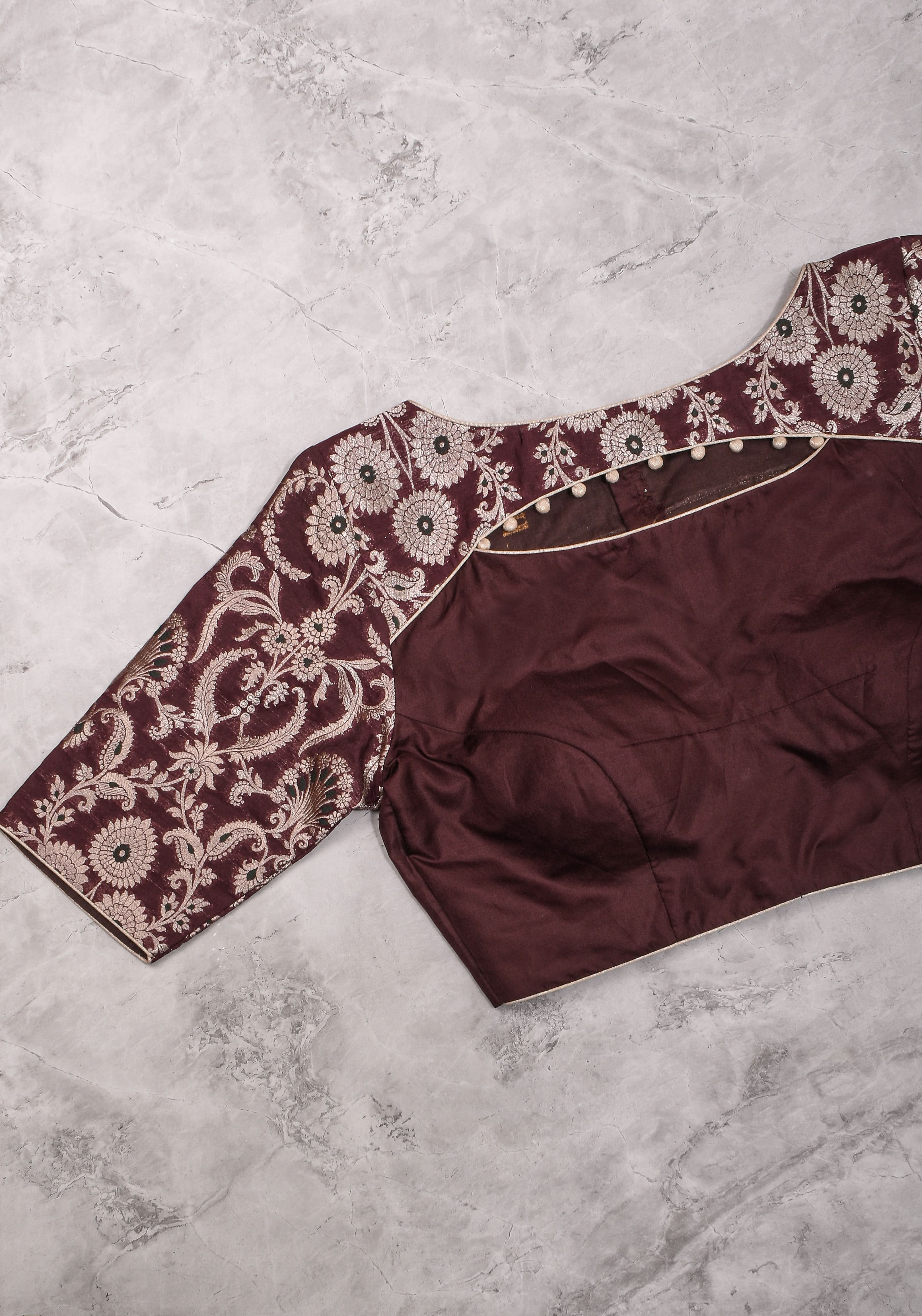 Maroon Silk with Banarasi Silver brocade Yoke with cutout design mix and match blouse for saree, Made to Order | Shobitam