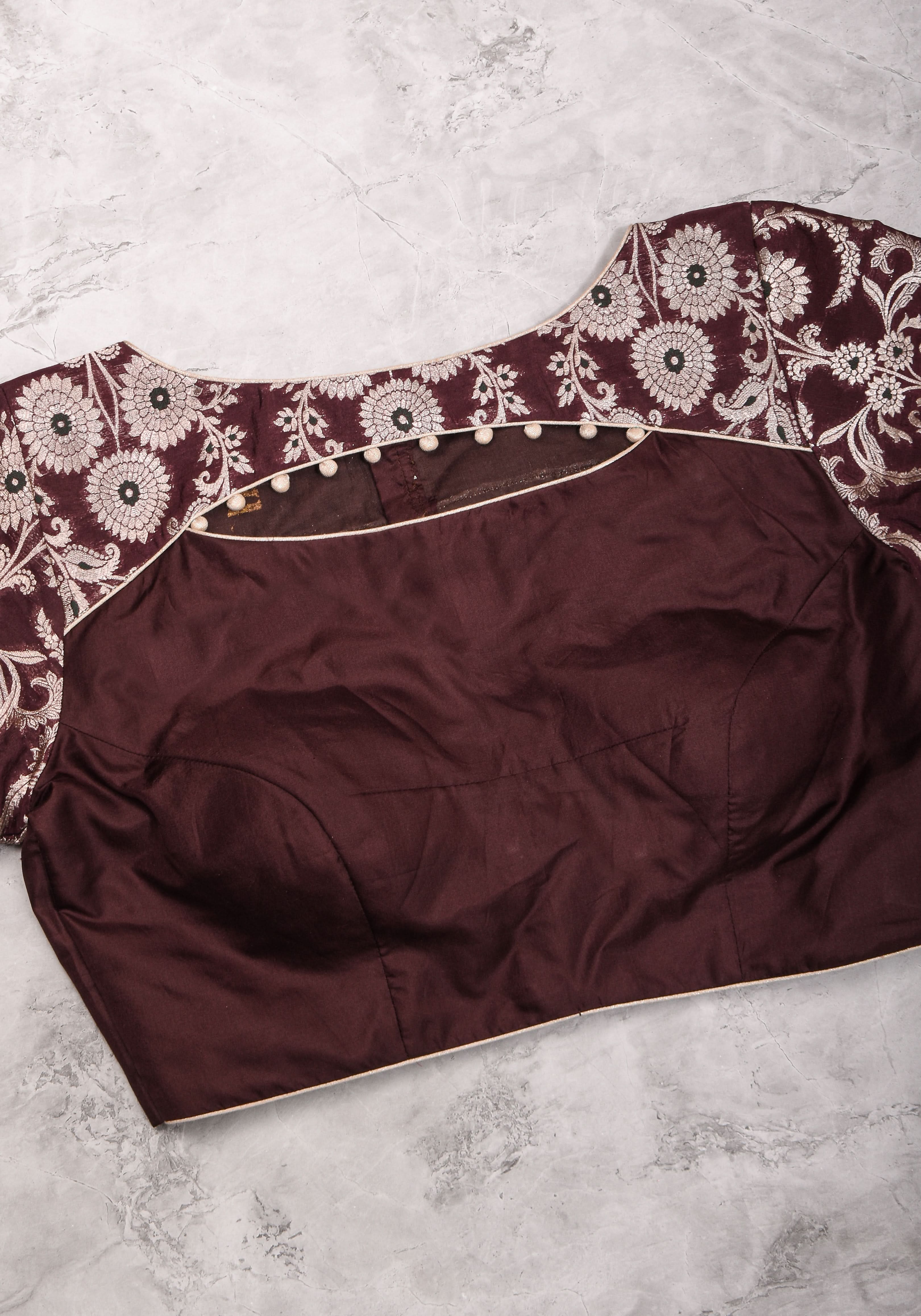 Maroon Silk with Banarasi Silver brocade Yoke with cutout design mix and match blouse for saree, Made to Order | Shobitam