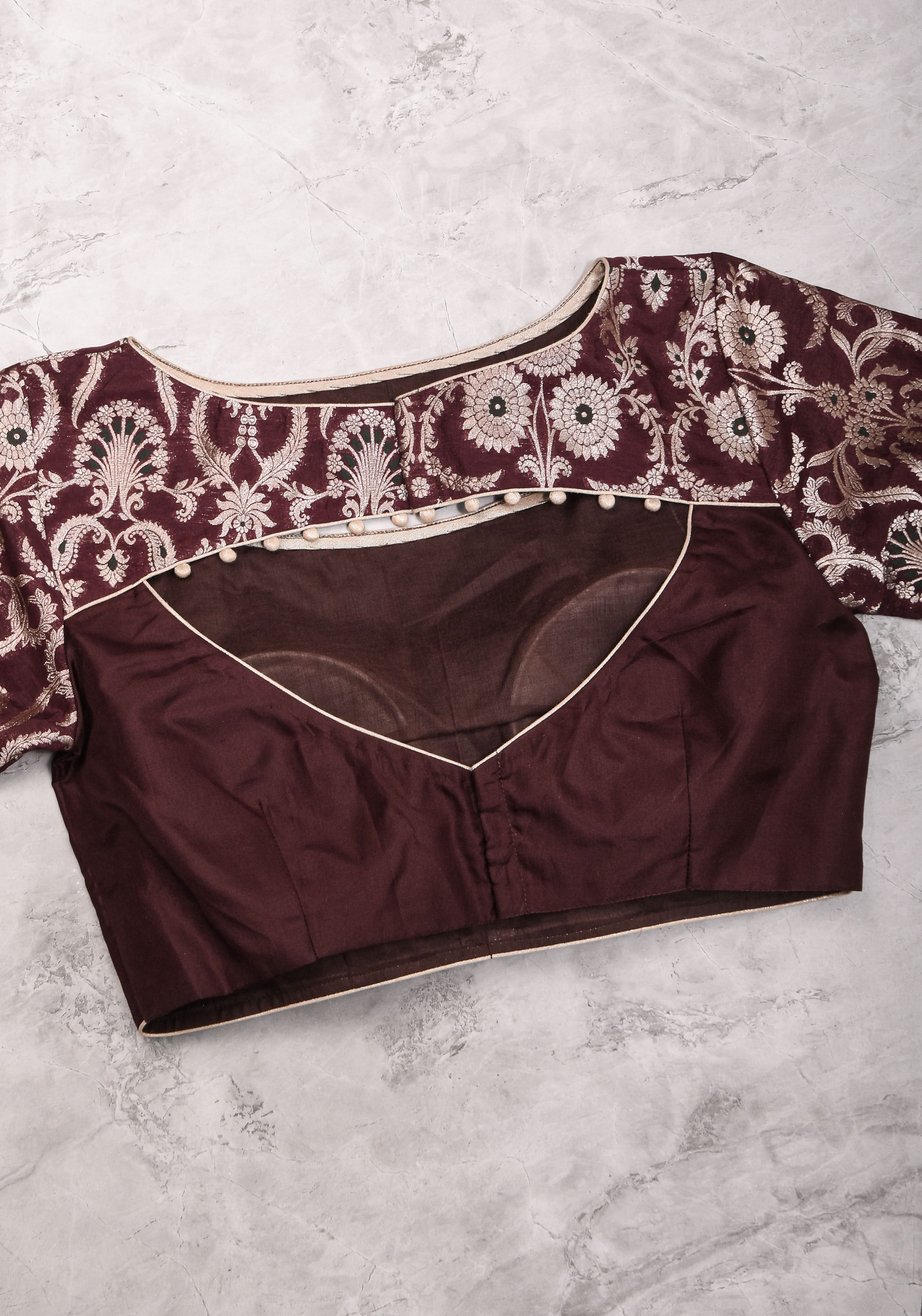 Maroon Silk with Banarasi Silver brocade Yoke with cutout design mix and match blouse for saree, Made to Order | Shobitam