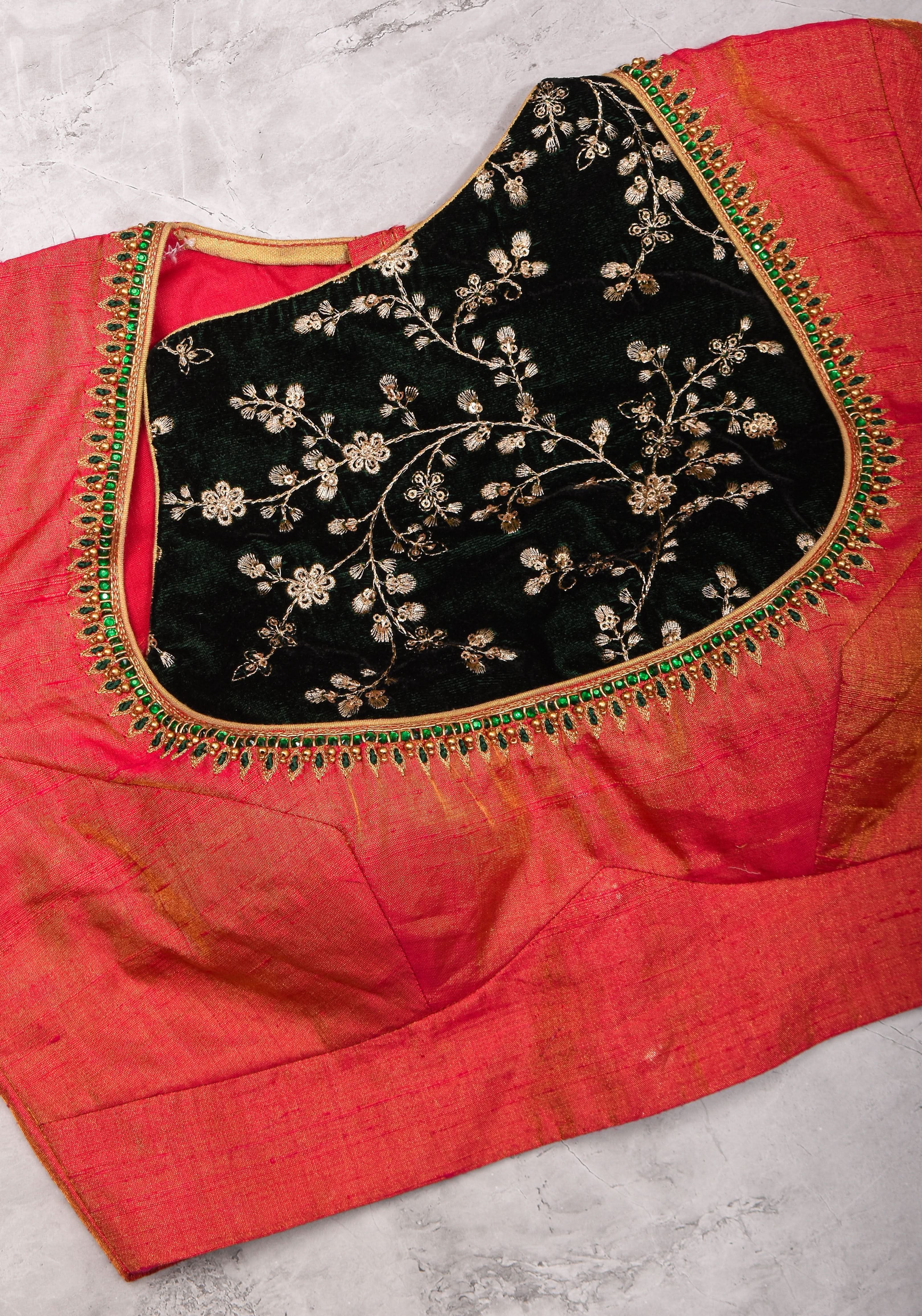 Pure Tissue Raw Silk Pink Blouse with Deep Green Velvet Yoke and Hand Work, Made to Order | Shobitam