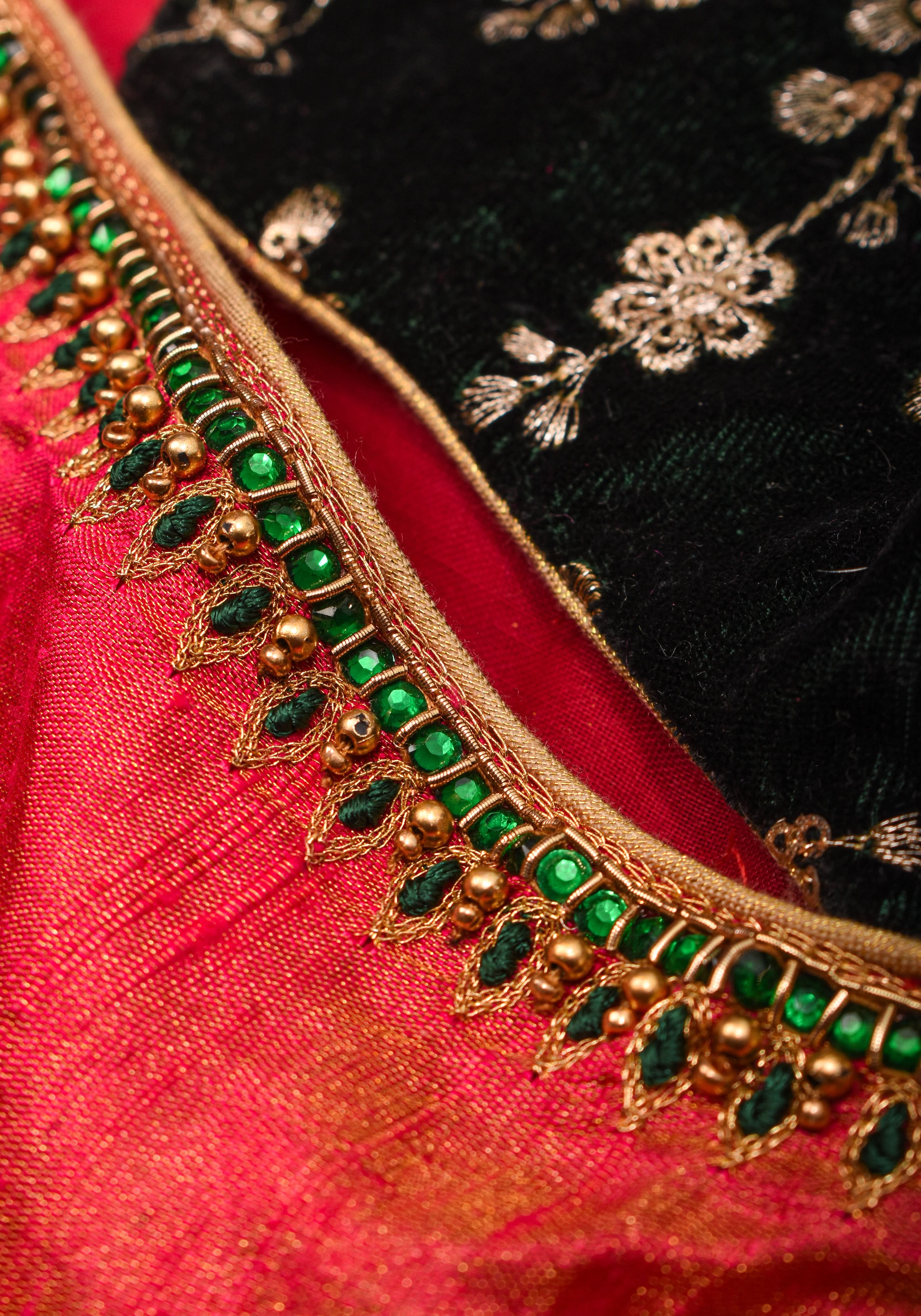 Pure Tissue Raw Silk Pink Blouse with Deep Green Velvet Yoke and Hand Work, Made to Order | Shobitam