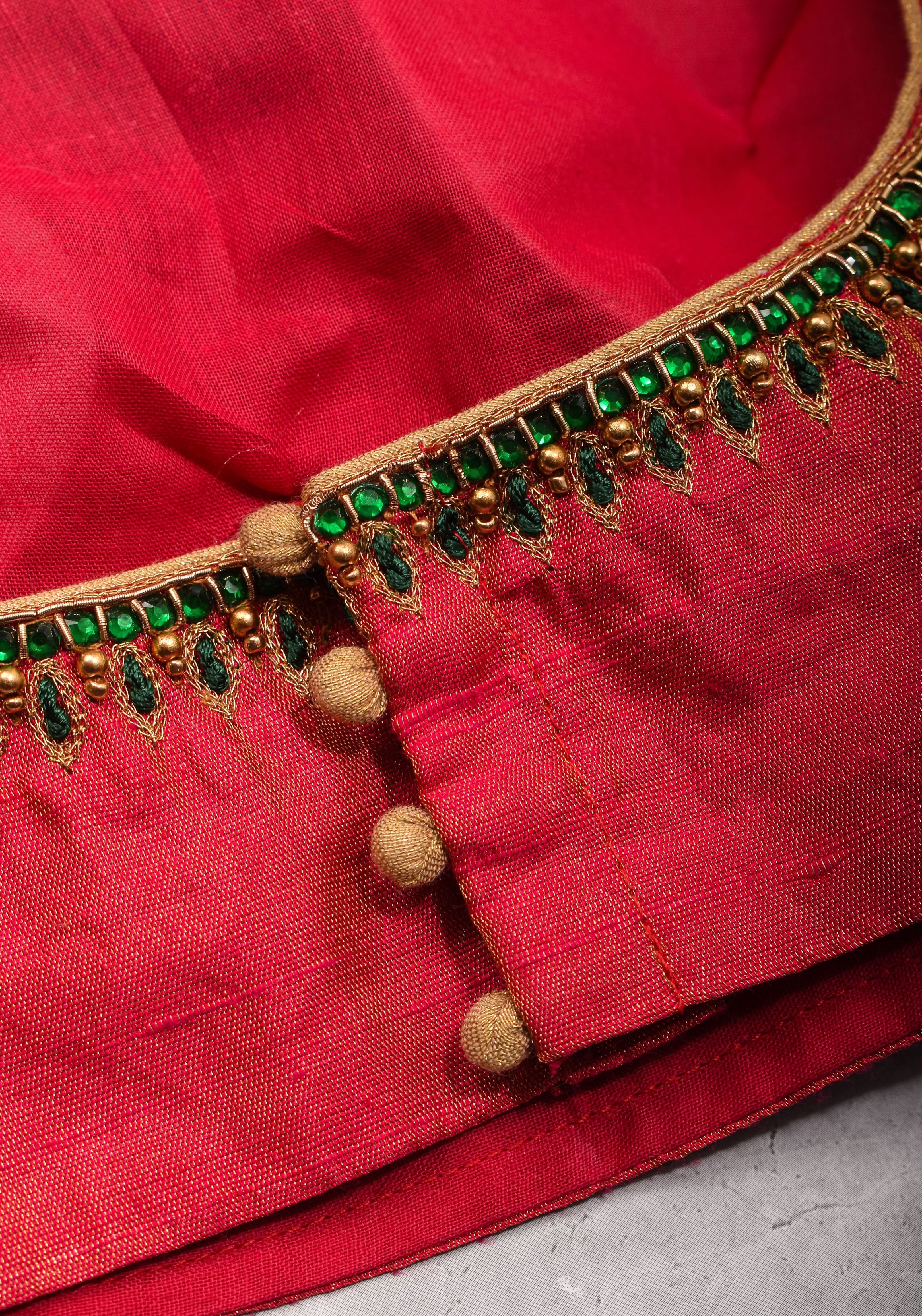 Pure Tissue Raw Silk Pink Blouse with Deep Green Velvet Yoke and Hand Work, Made to Order | Shobitam