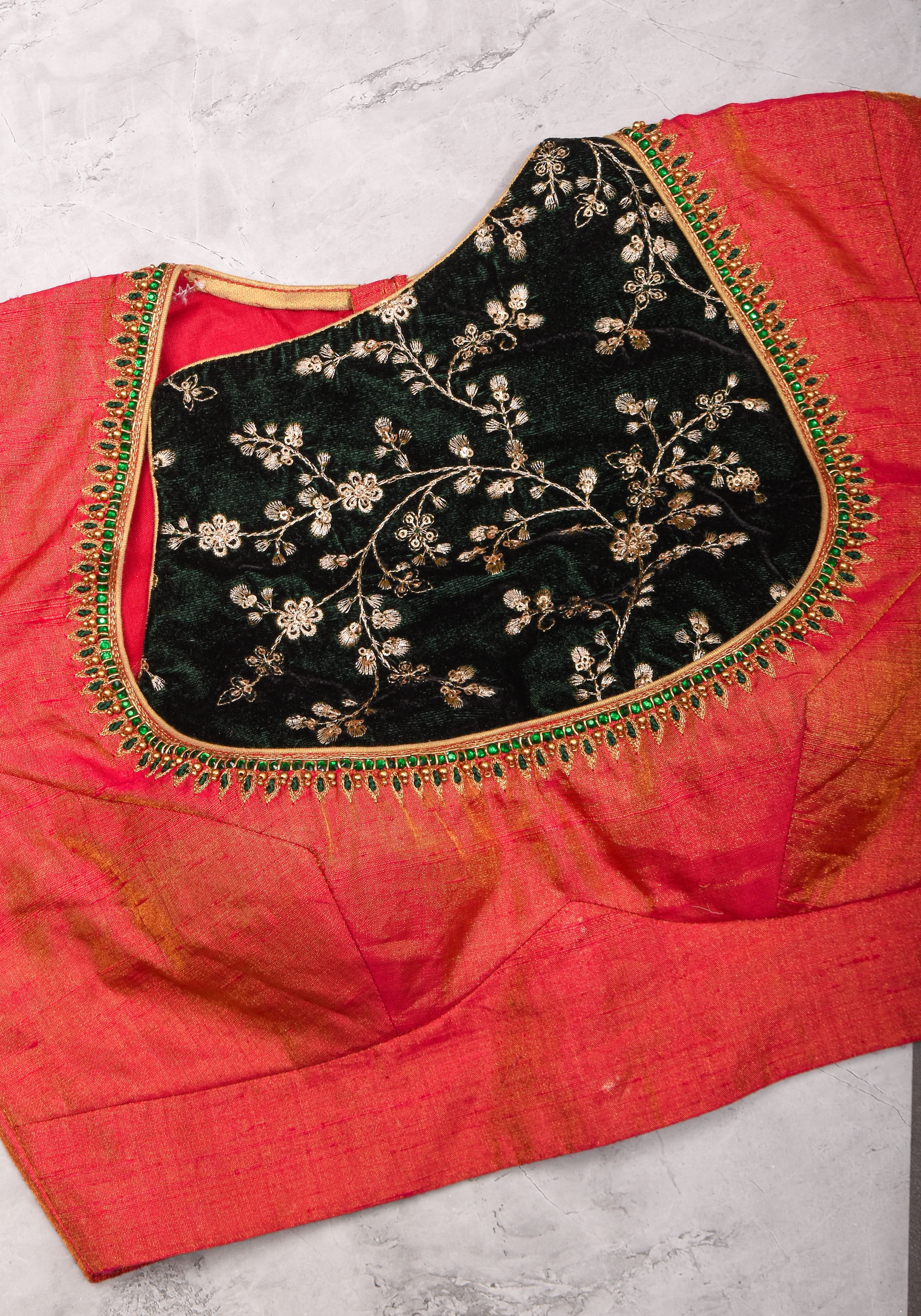 Pure Tissue Raw Silk Pink Blouse with Deep Green Velvet Yoke and Hand Work, Made to Order | Shobitam