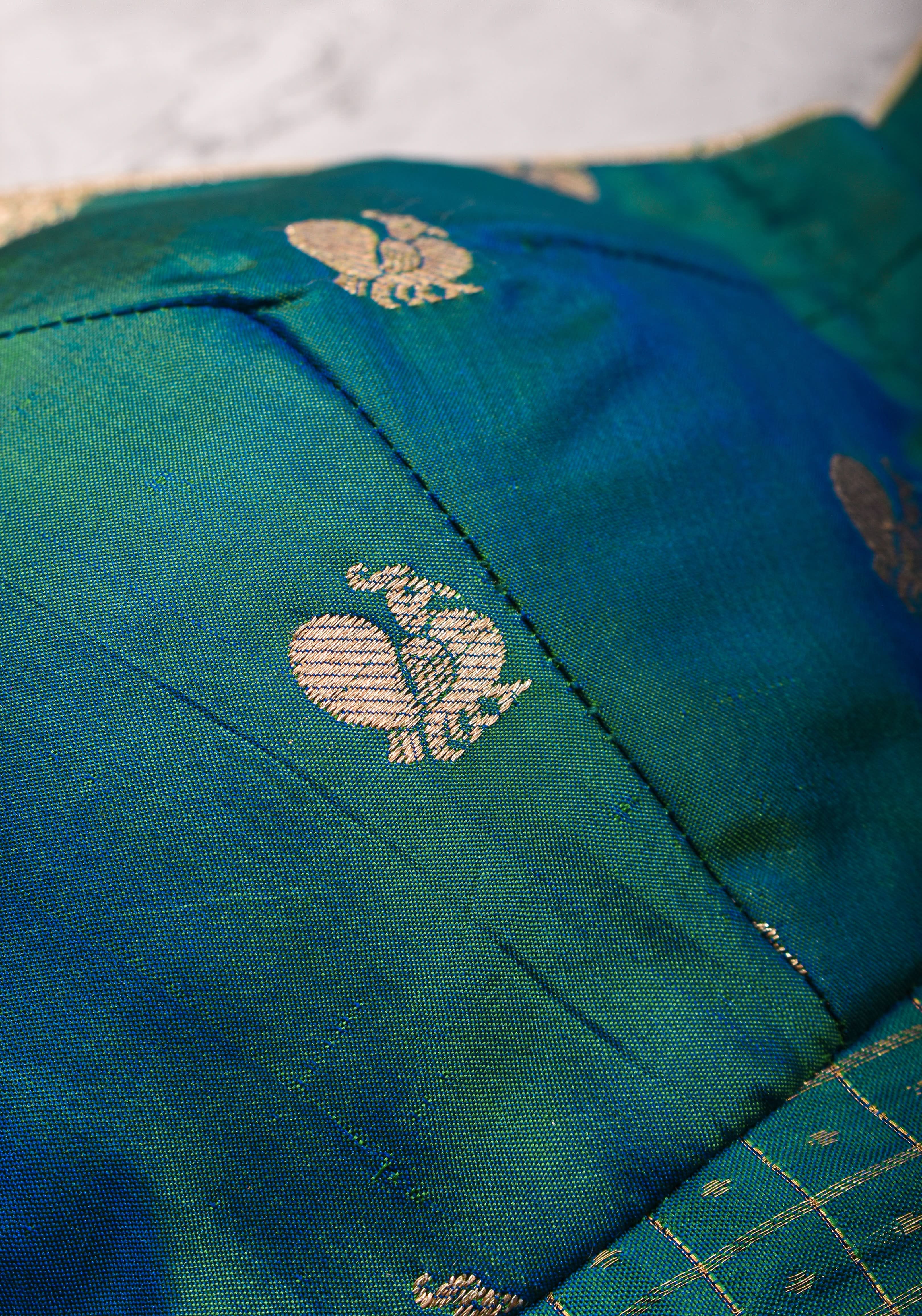 Pure Kanjivaram Silk Peacock Butti and checks Matka Neck Mix and Match Blouse for saree, Made to Order | Shobitam